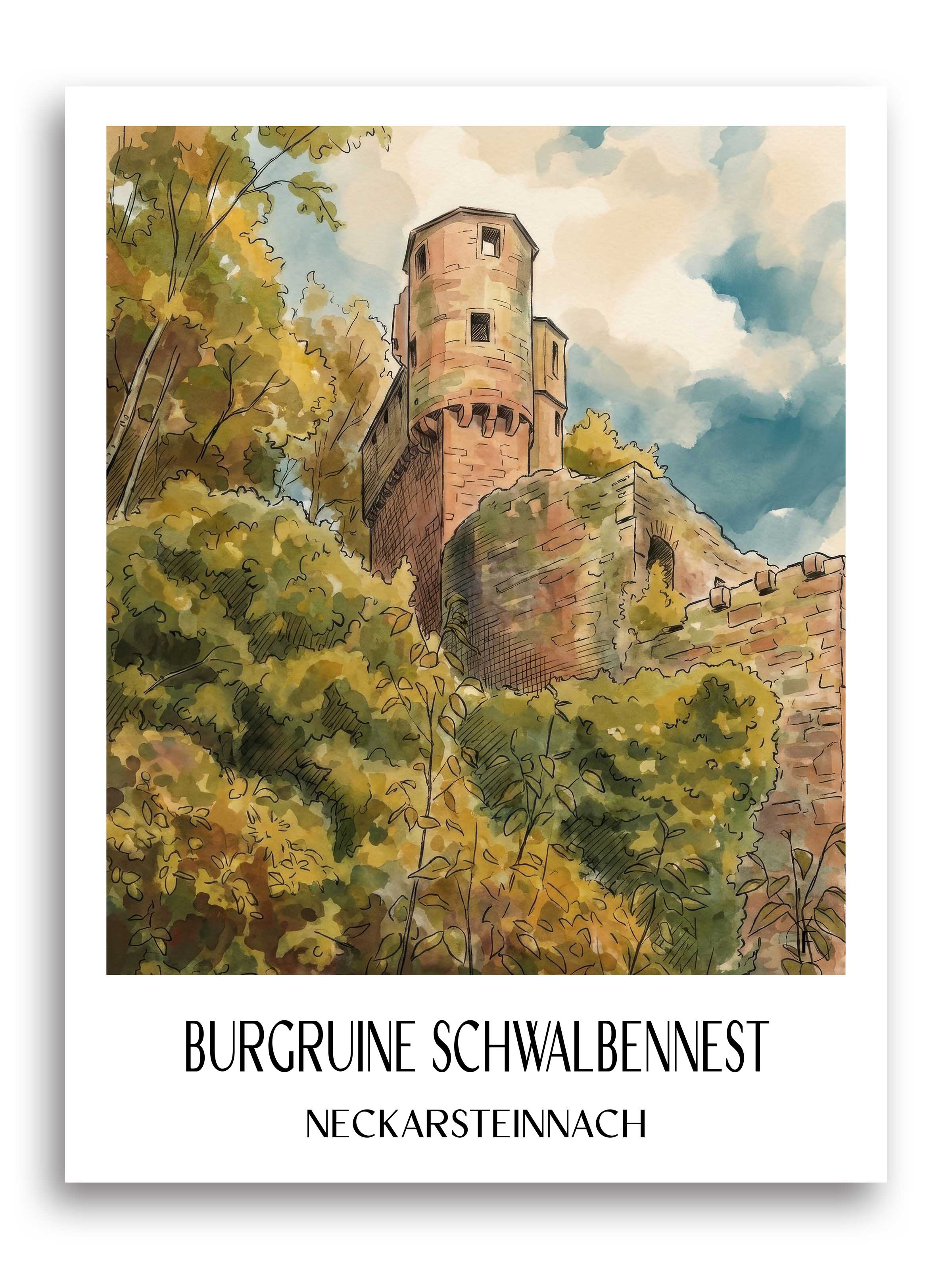 burgruine-schwalbennest-neckarsteinnach-deutschland-poster-aquarell
