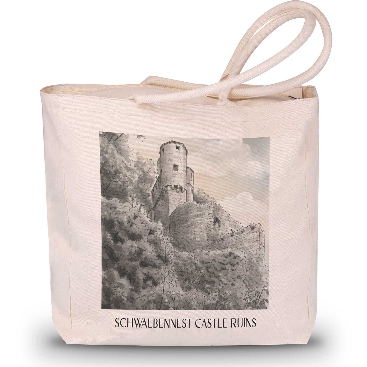 Burgruine Schwalbennest Shopping Tasche - Neckarsteinnach - Deutschland Tote Bag - Einkaufstasche im Aquarell Schwarz-Weiß Stil - favplace