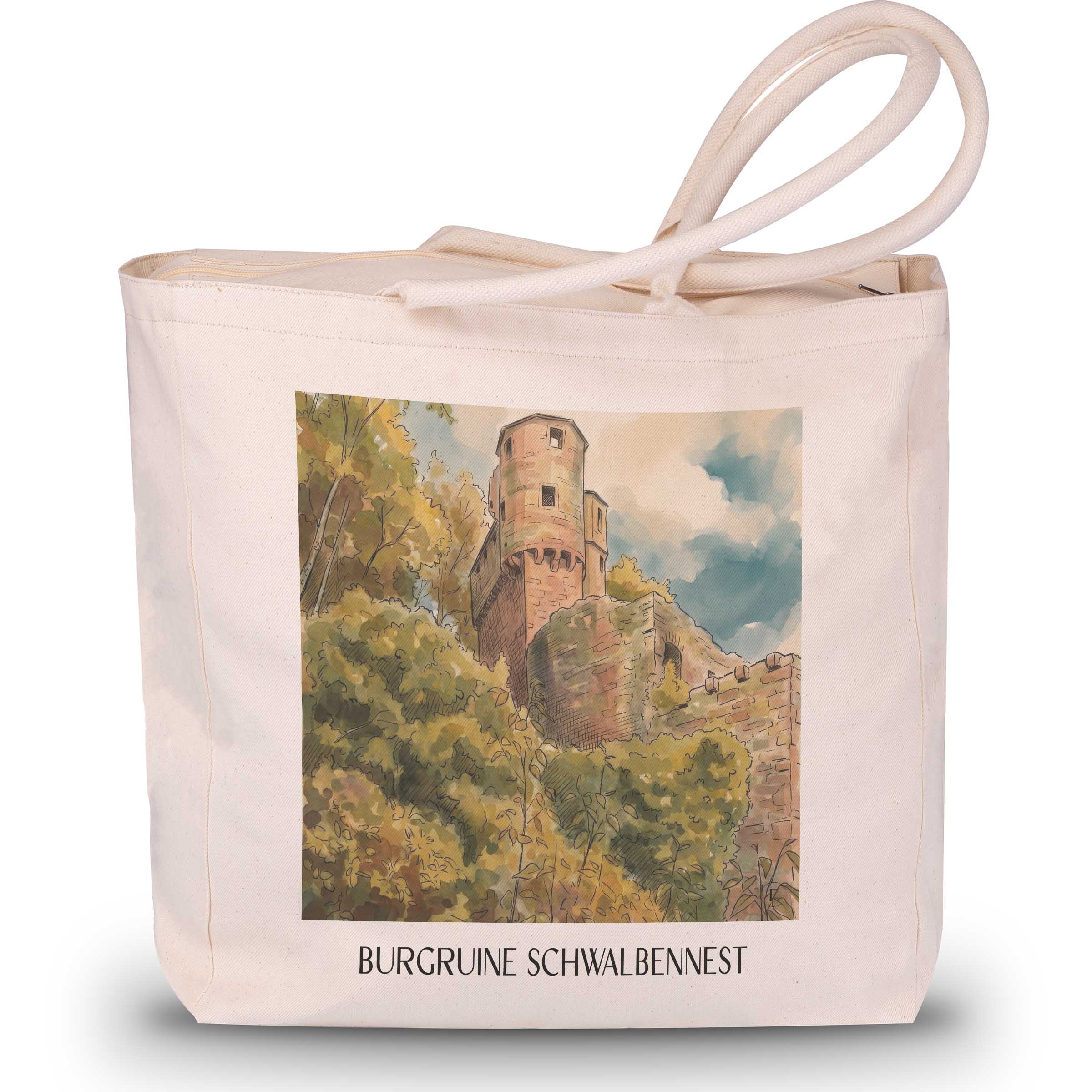 burgruine-schwalbennest-neckarsteinnach-deutschland-einkaufstasche-aquarell