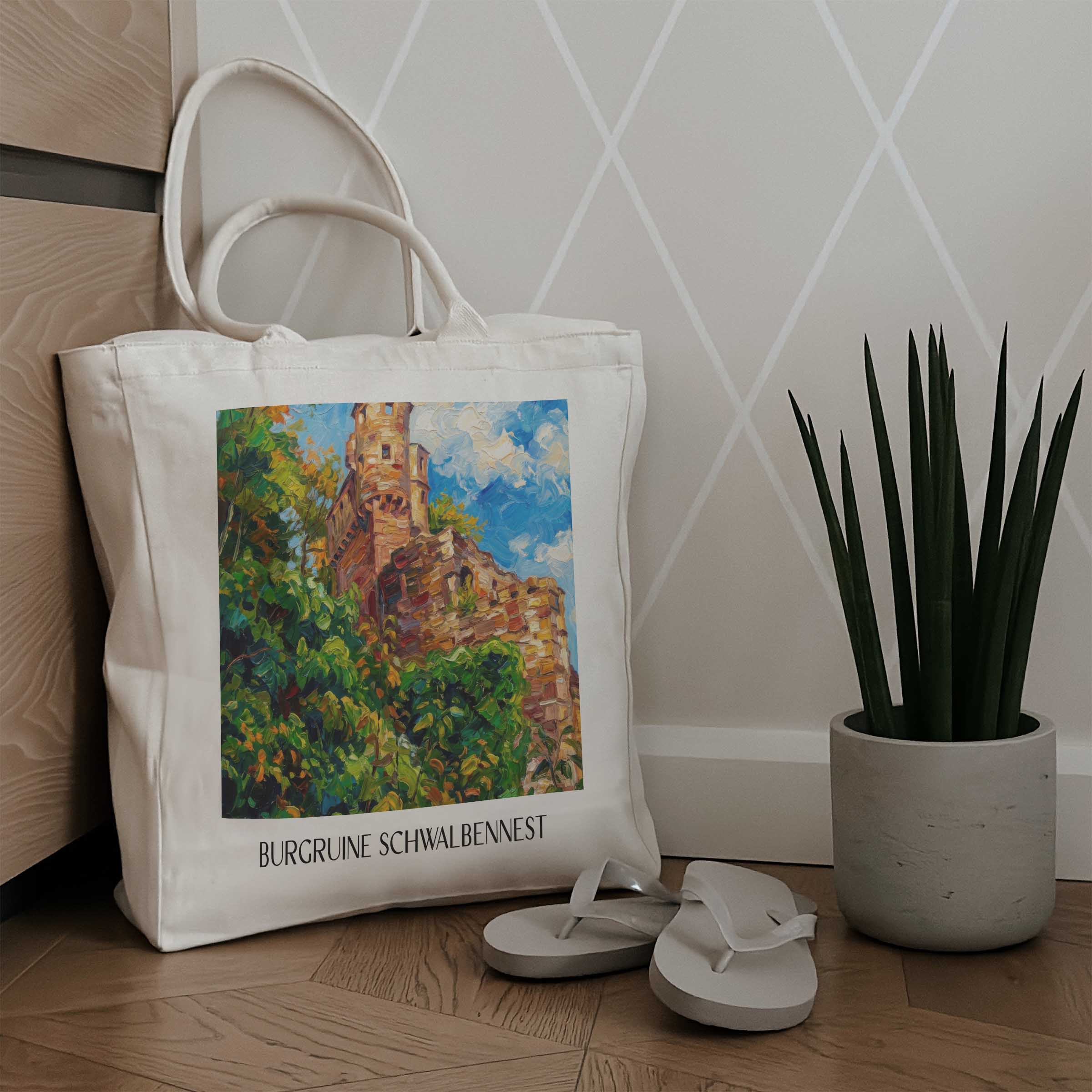 burgruine-schwalbennest-neckarsteinnach-deutschland-einkaufstasche-oil-painting-oelgemaelde
