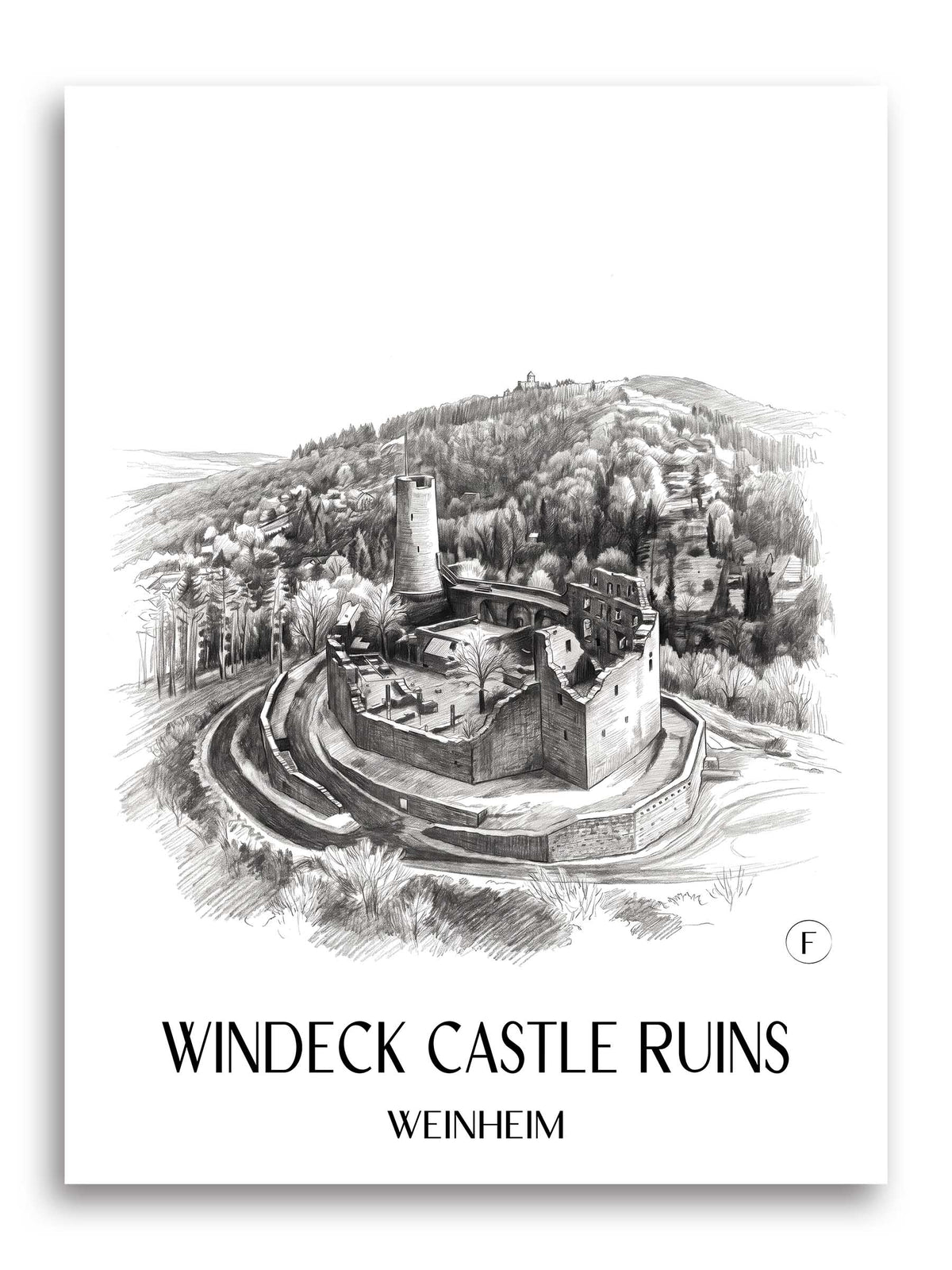 Burgruine Windeck Poster - Weinheim - Deutschland Kunstdruck - Zeichnung von A4 bis A1
