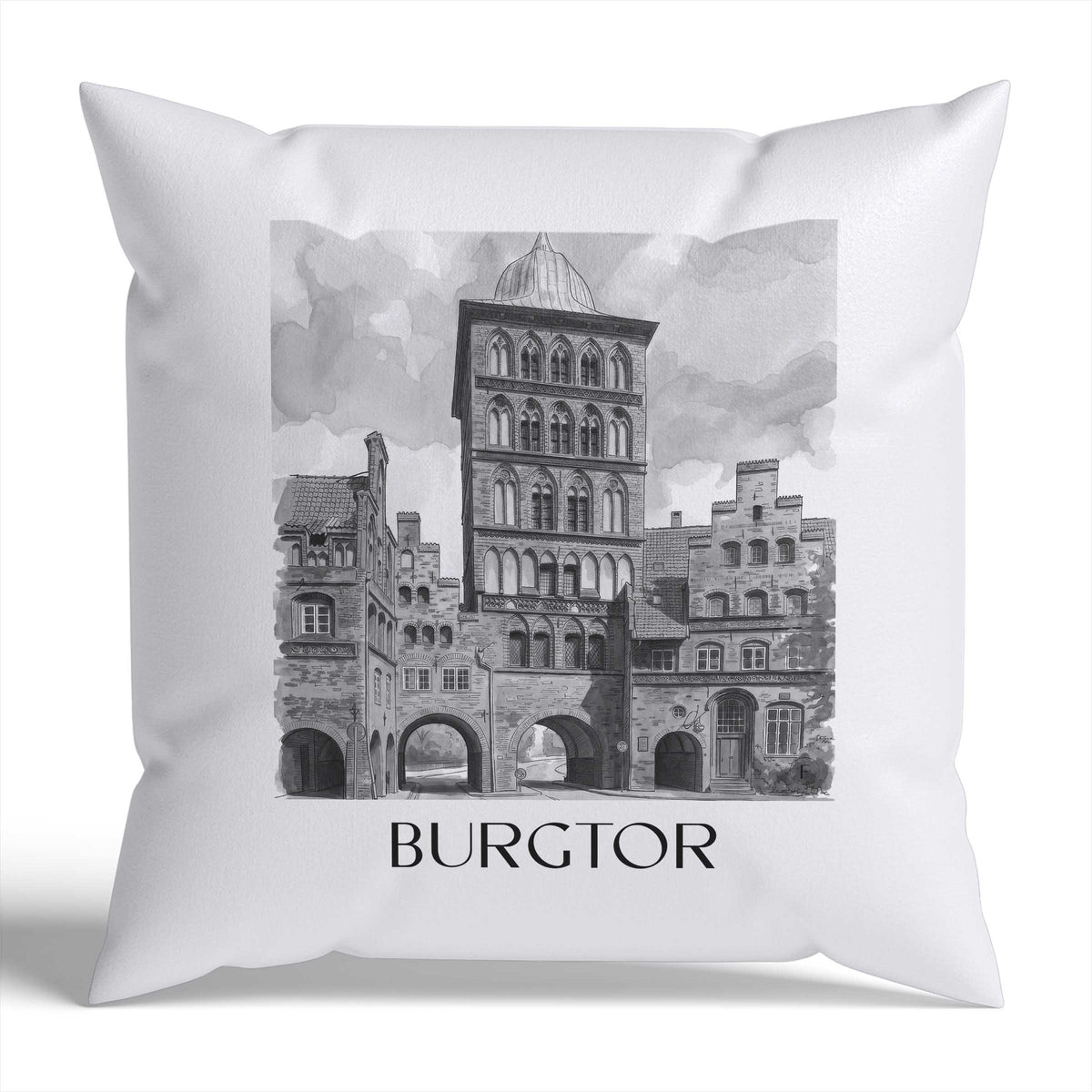 burgtor-lübeck-deutschland-kissenbezug-aquarell-schwarz-weiss