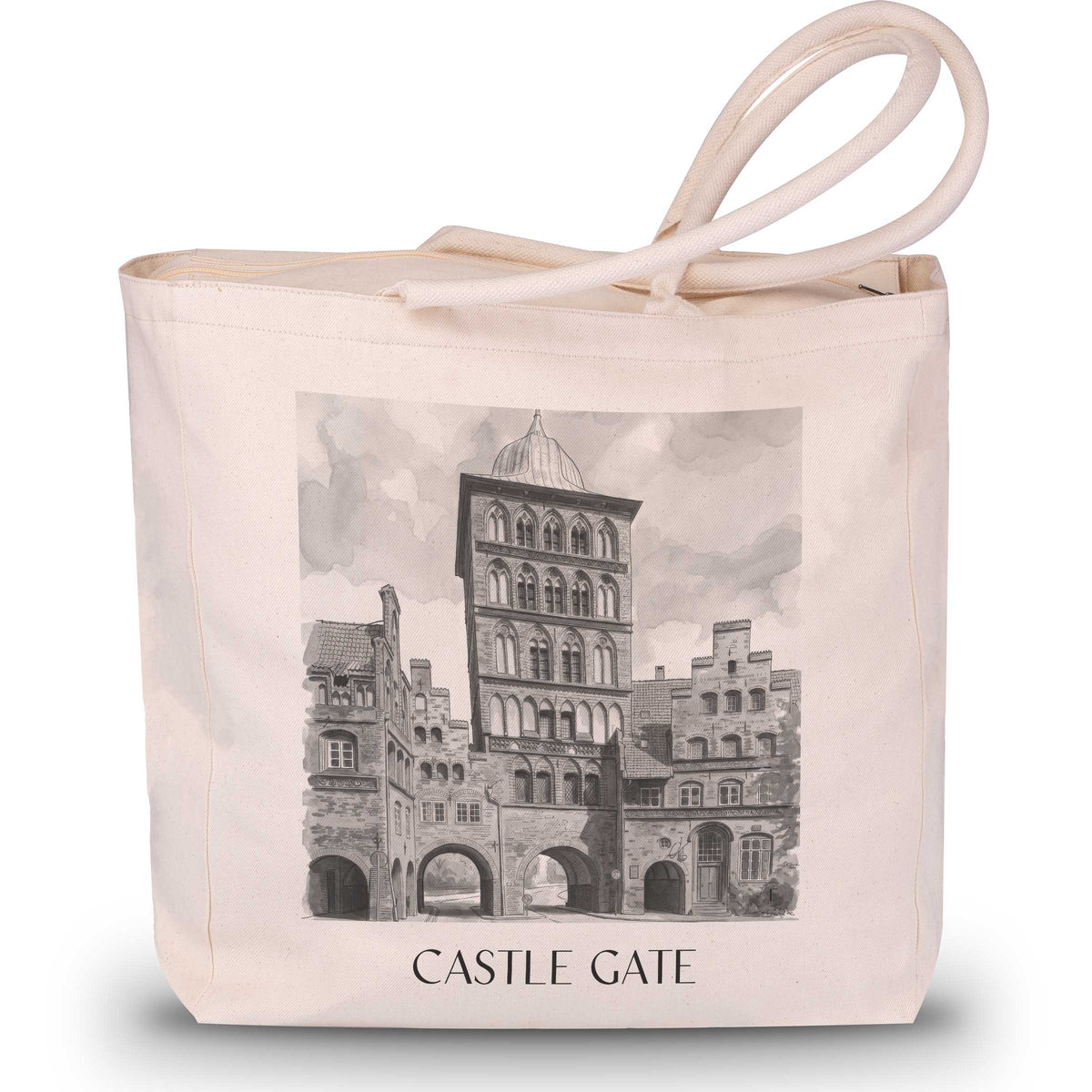 Burgtor Shopping Tasche - Lübeck - Deutschland Tote Bag - Einkaufstasche im Aquarell Schwarz-Weiß Stil - favplace