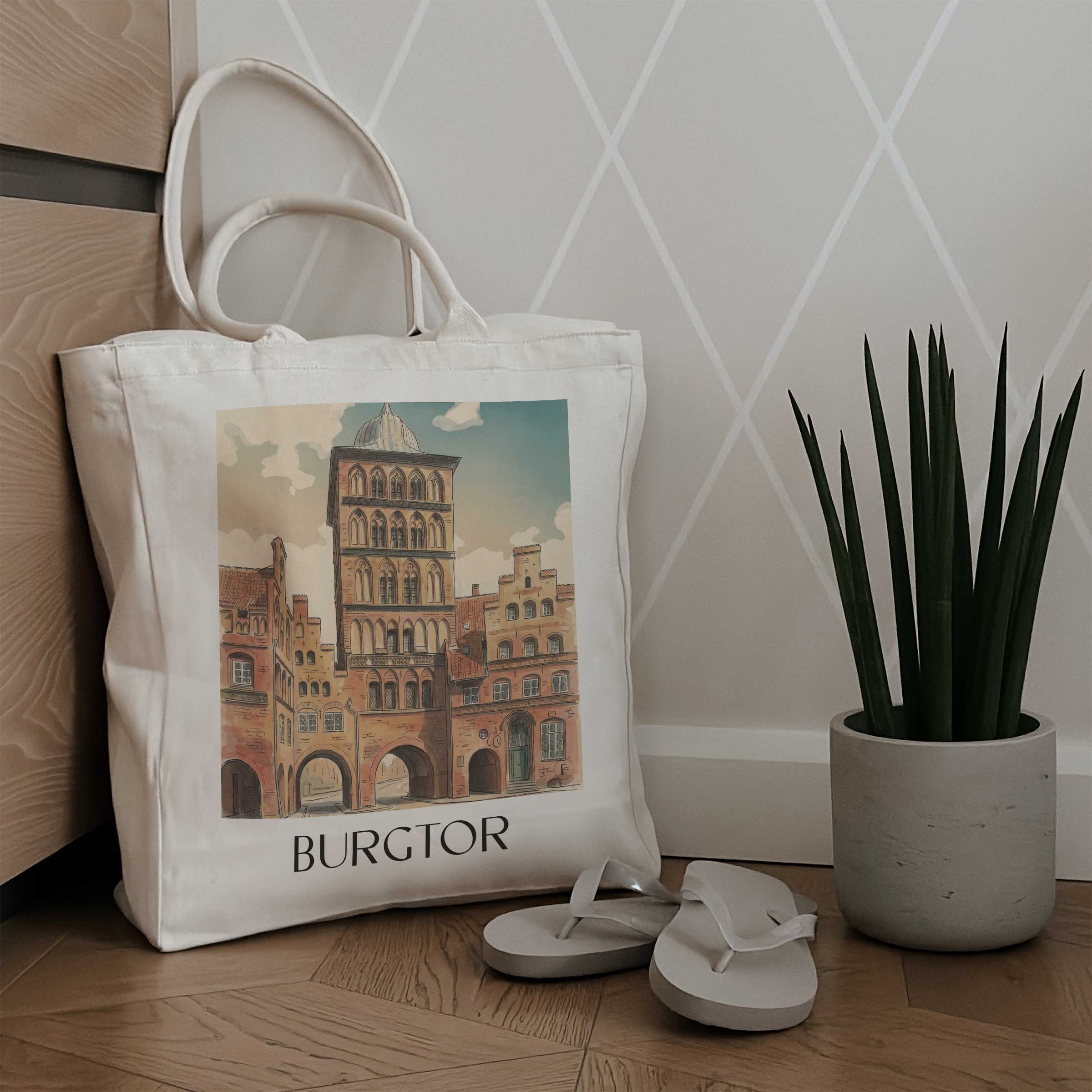 burgtor-lübeck-deutschland-einkaufstasche-aquarell