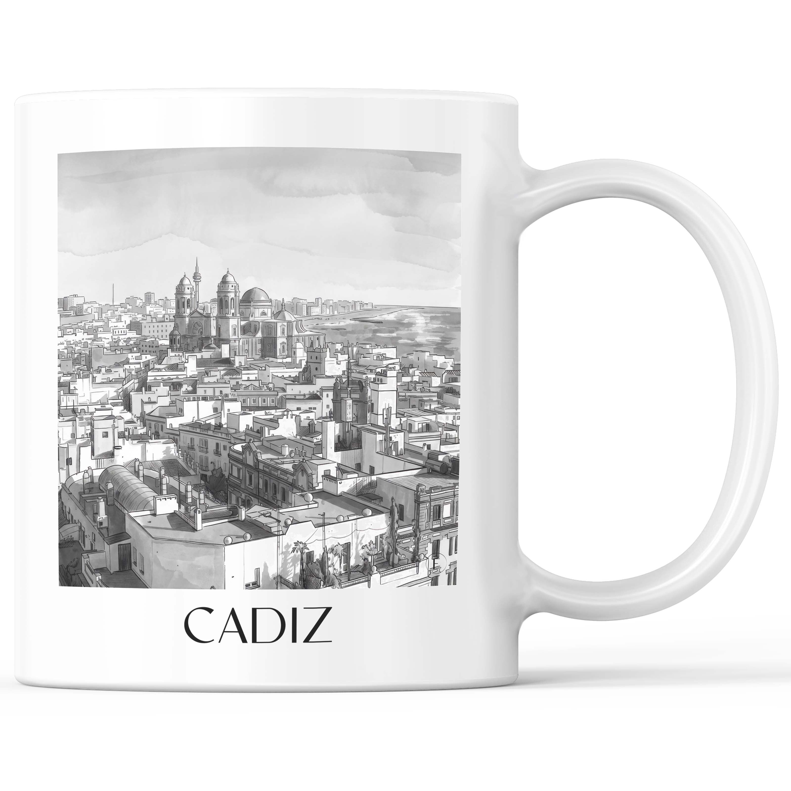 Cádiz Kaffeebecher - Spanien - Spanien Becher - Kaffeetasse im Aquarell Schwarz-Weiß Stil - favplace
