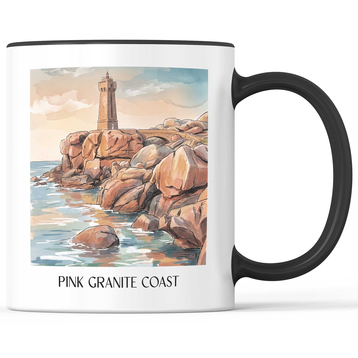 Côte de Granit Rose Kaffeebecher - Côtes-d'Armor - Frankreich Becher - Kaffeetasse im Aquarell Stil