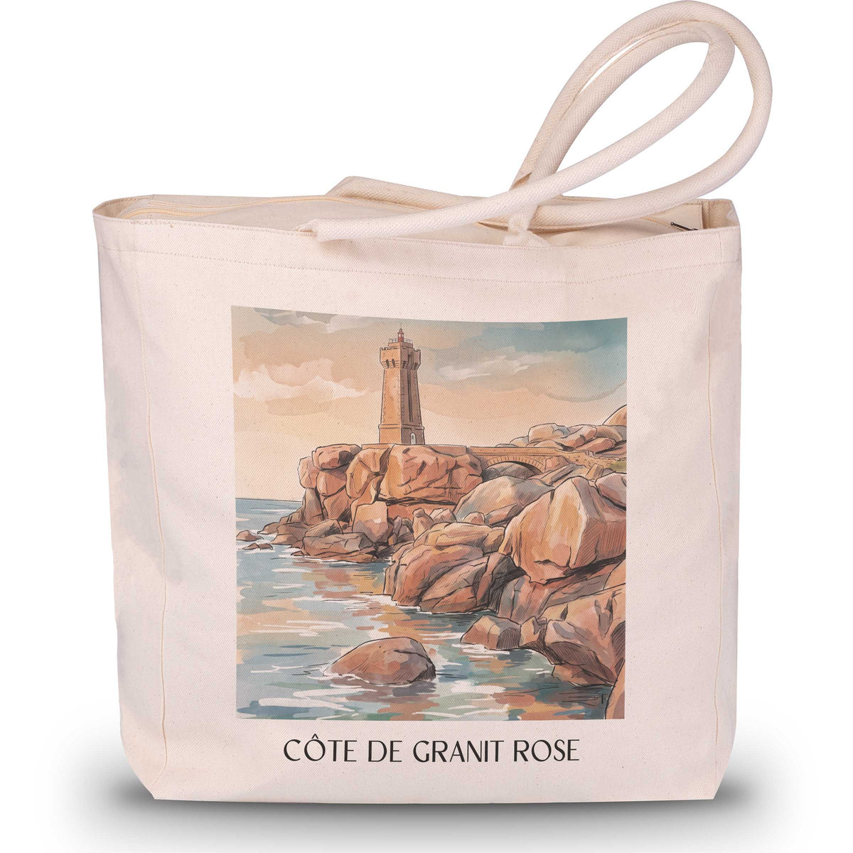 côte-de-granit-rose-côtes-d'armor-frankreich-einkaufstasche-aquarell
