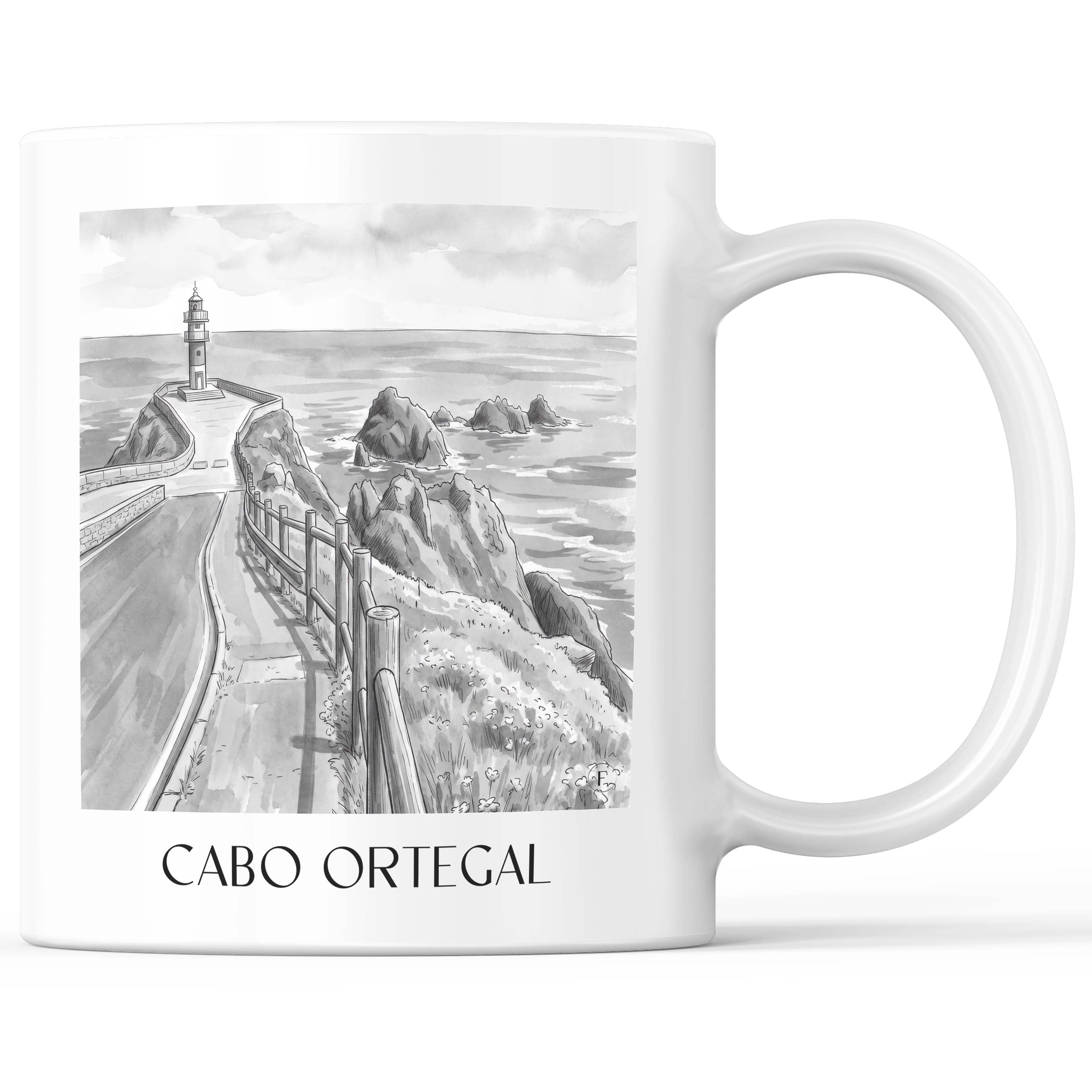 Cabo Ortegal Kaffeebecher - Spanien - Spanien Becher - Kaffeetasse im Aquarell Schwarz-Weiß Stil - favplace