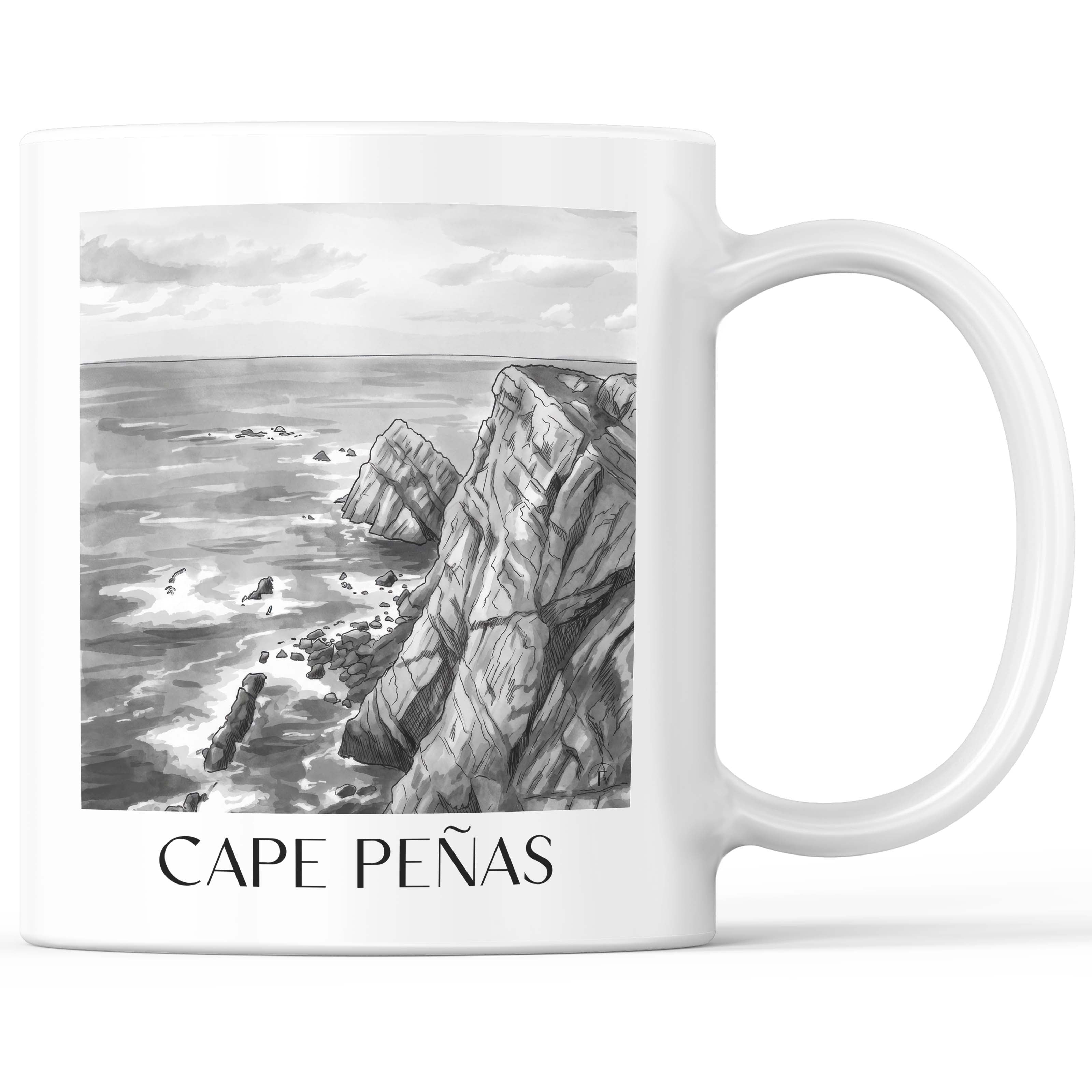 Cabo de Peñas Kaffeebecher - Spanien - Spanien Becher - Kaffeetasse im Aquarell Schwarz-Weiß Stil - favplace