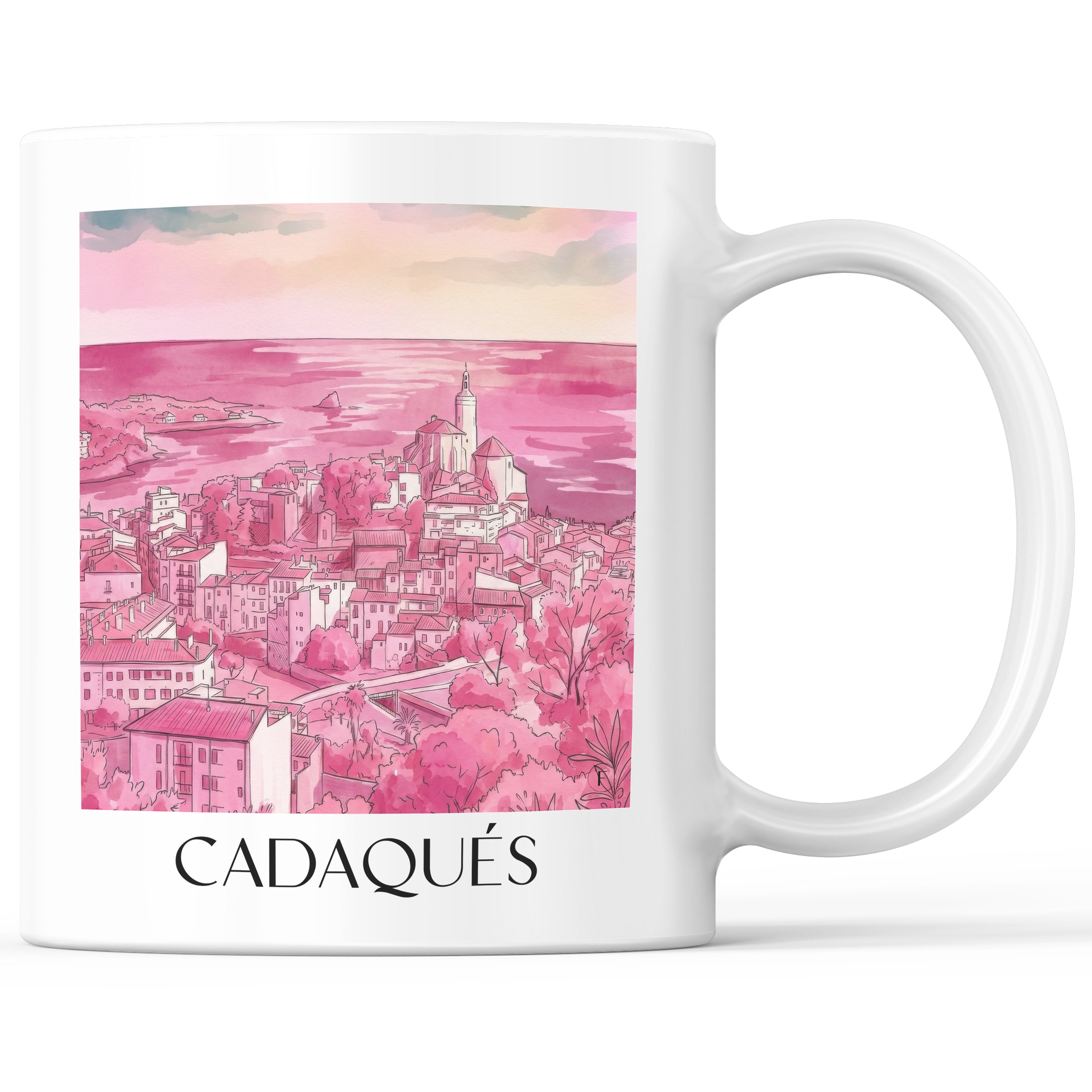 Cadaqués Kaffeebecher - Spanien - Spanien Becher - Kaffeetasse im Aquarell Pink Stil - favplace