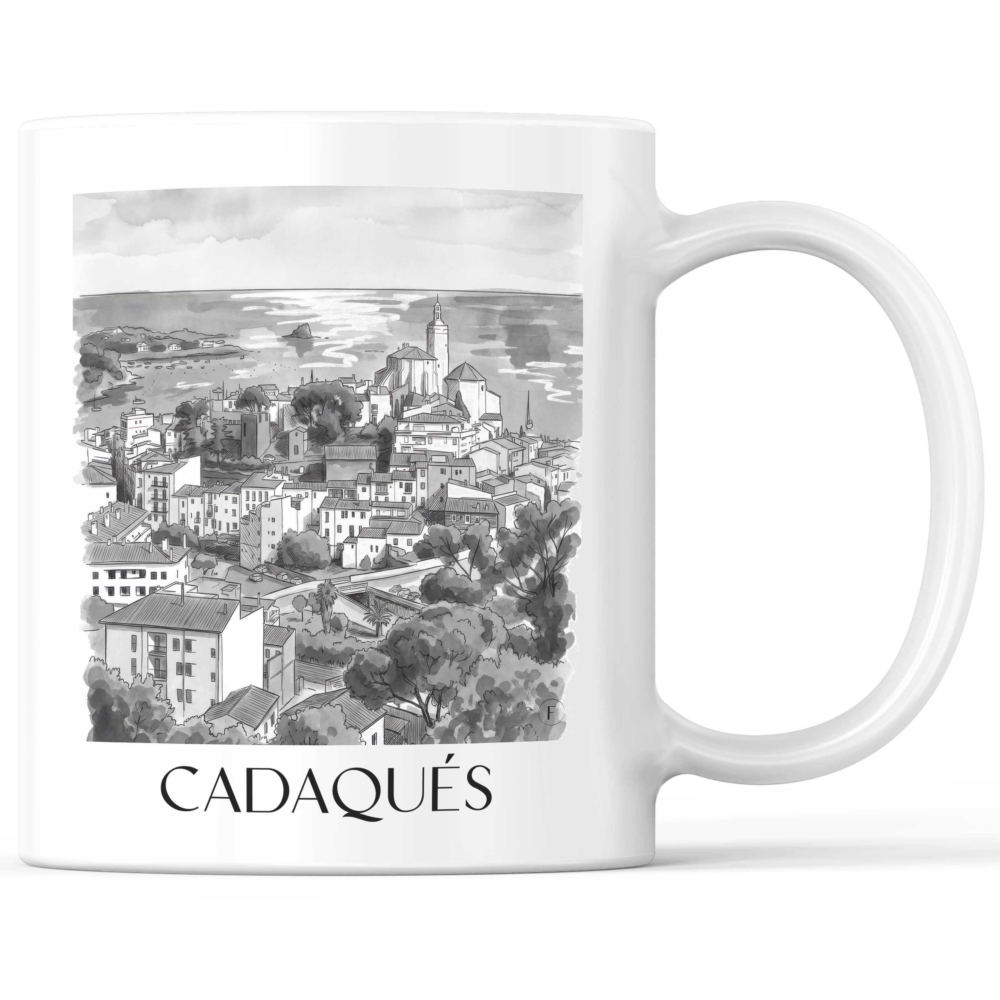 Cadaqués Kaffeebecher - Spanien - Spanien Becher - Kaffeetasse im Aquarell Schwarz-Weiß Stil - favplace