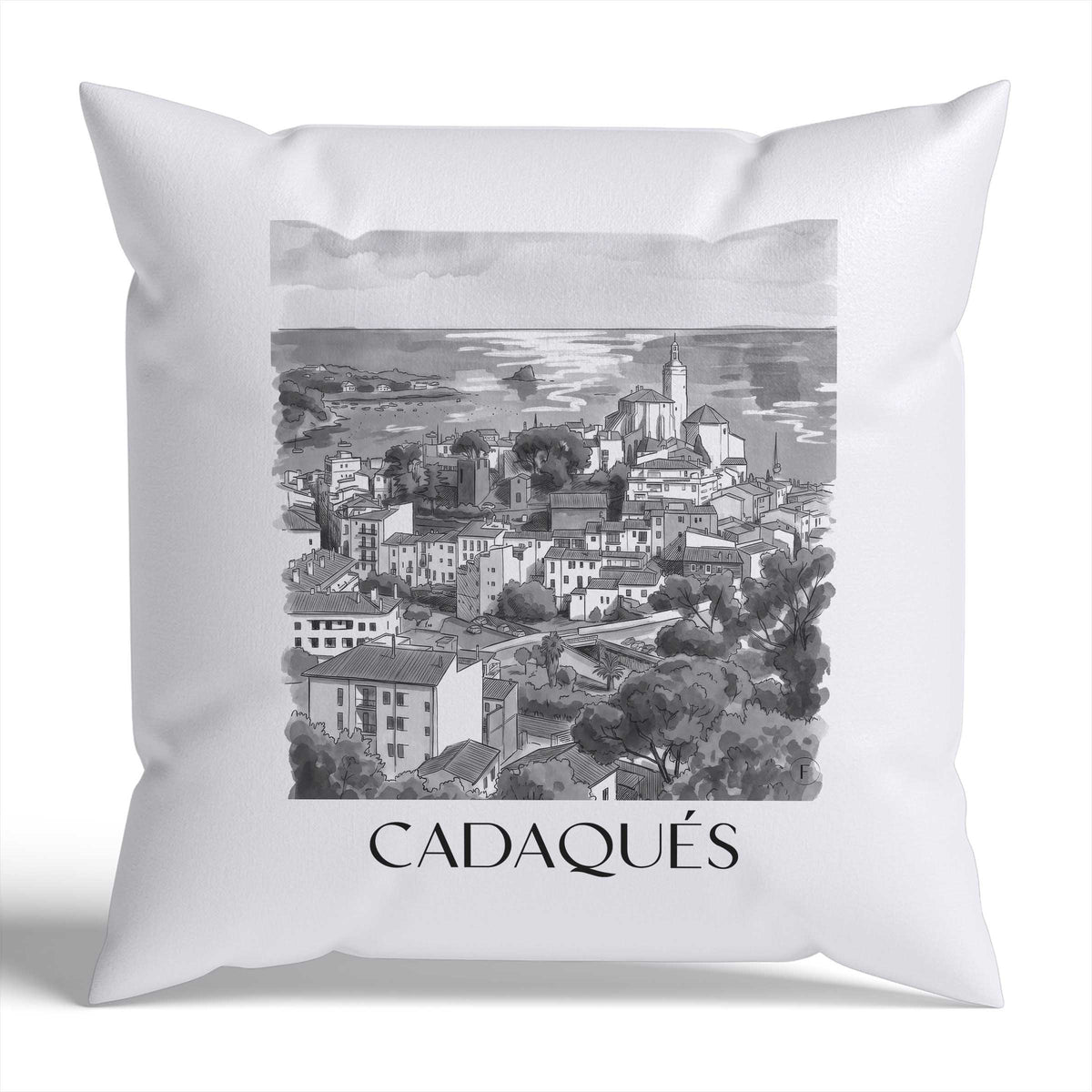 Cadaqués Kissenhülle - Zierkissen Bezug - Spanien - Spanien Kissen bzw. Kissenbezug im Aquarell Schwarz-Weiß Stil - favplace
