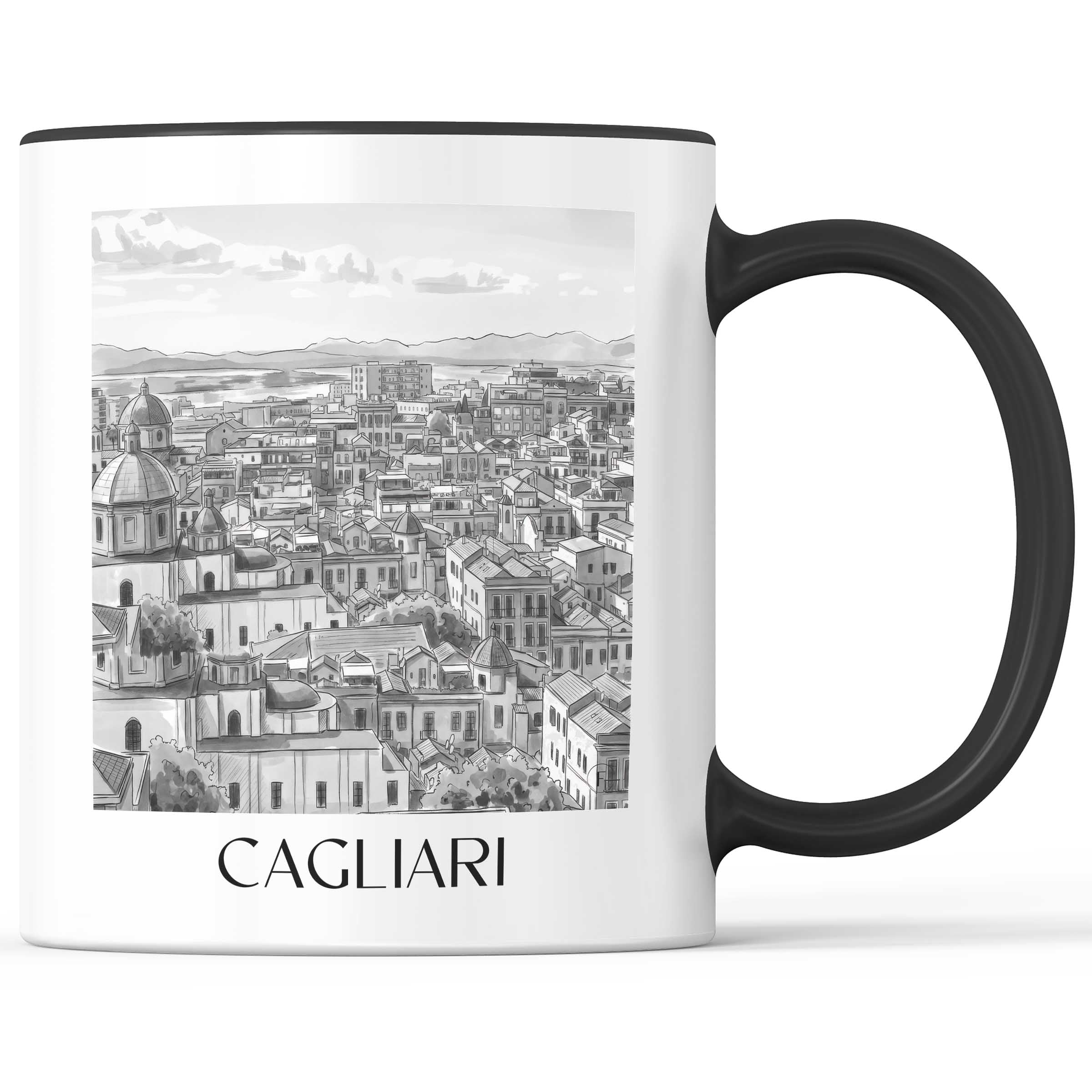 Cagliari - Italien Becher - Kaffeetasse im Aquarell Schwarz-Weiß Stil - favplace