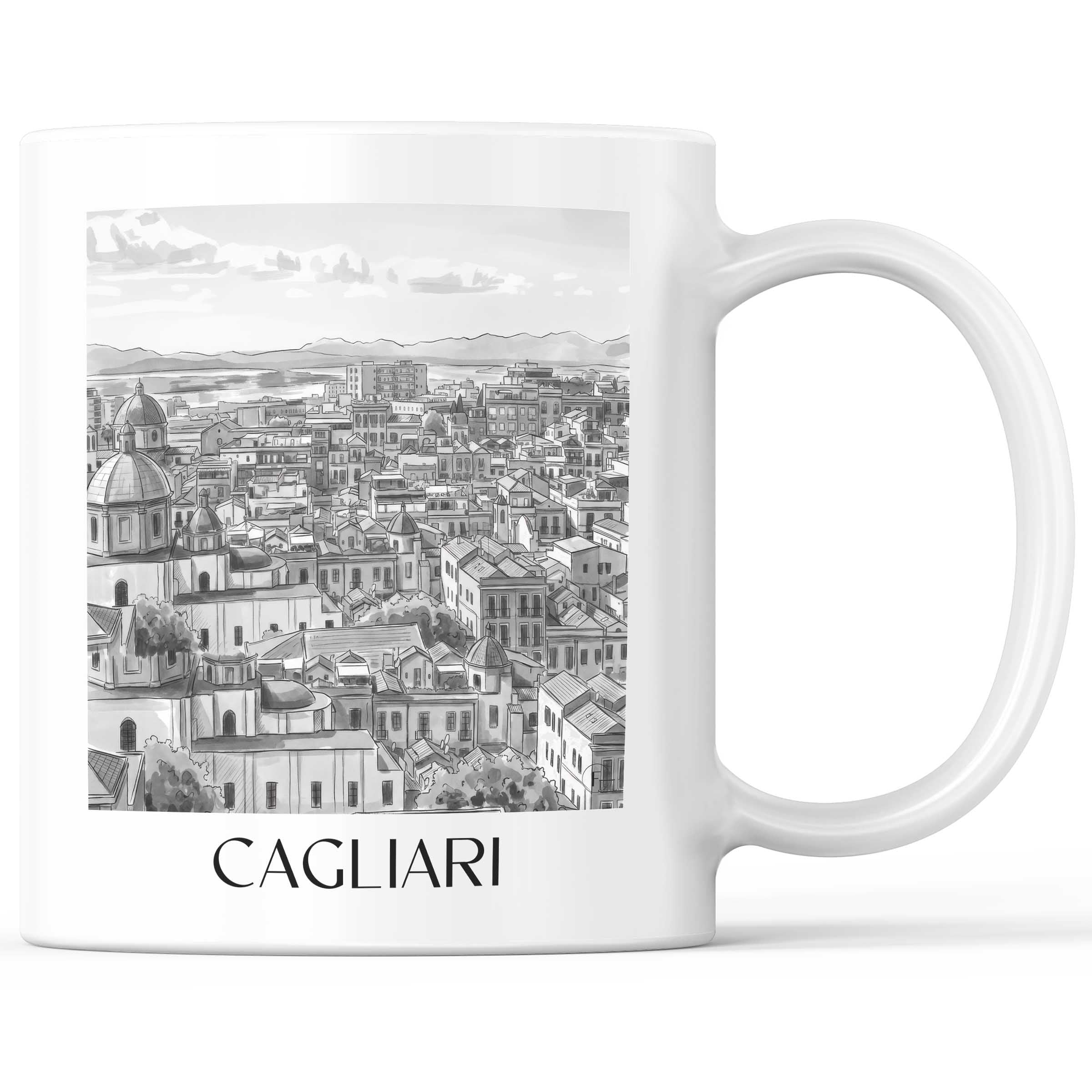 Cagliari - Italien Becher - Kaffeetasse im Aquarell Schwarz-Weiß Stil - favplace