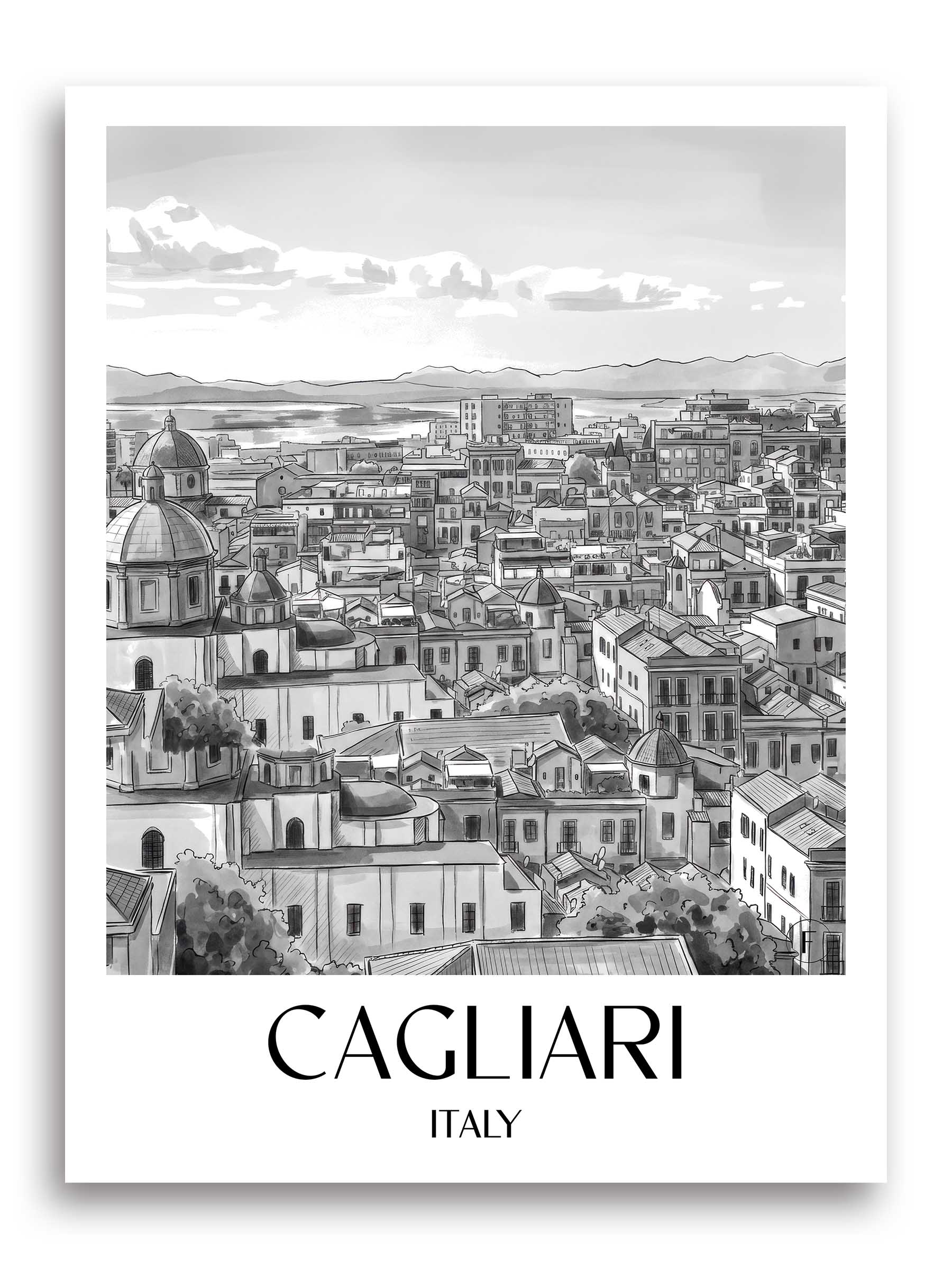 Cagliari Poster - - Italien Kunstdruck - Aquarell Schwarz-Weiß von A4 bis A1 - favplace