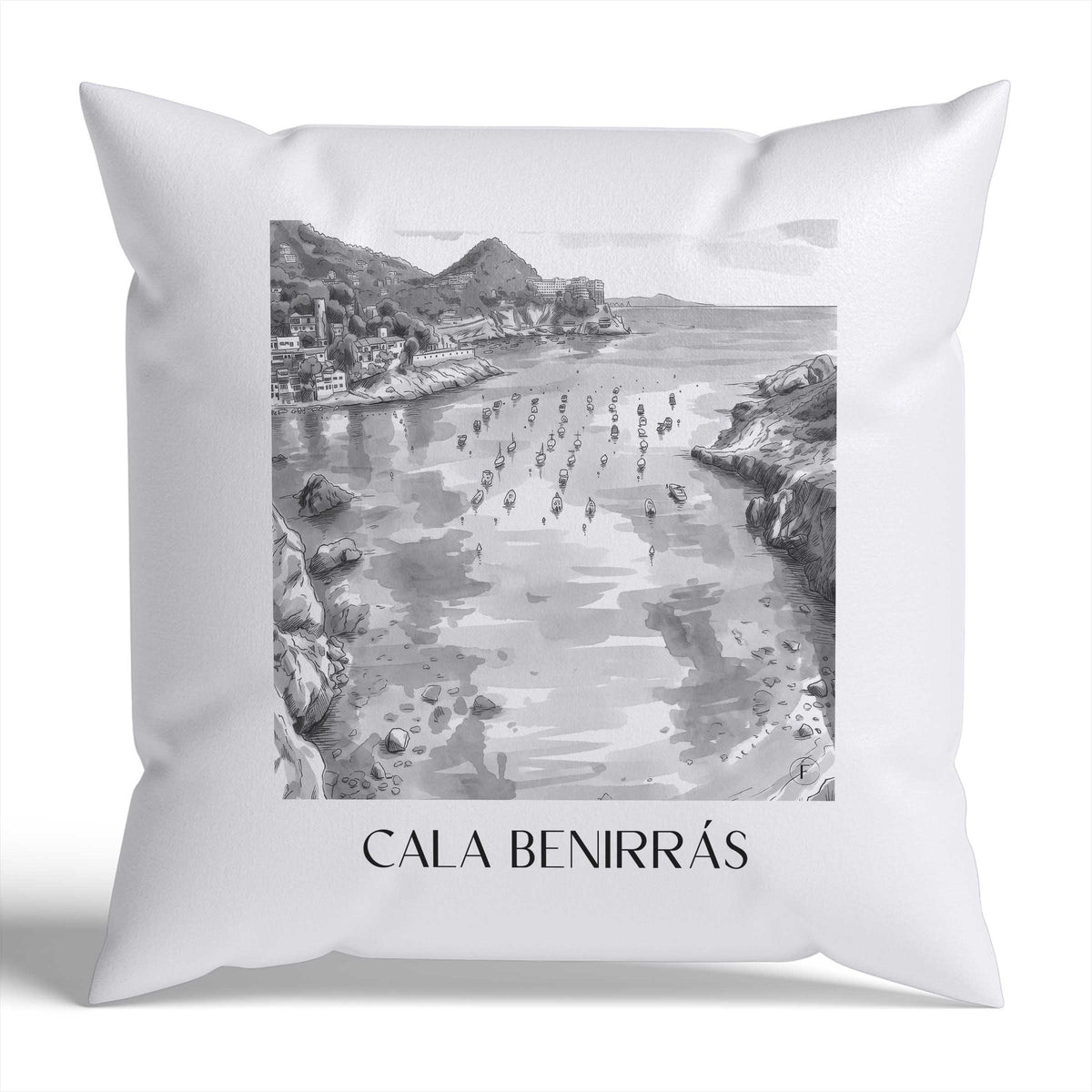 Cala Benirrás Kissenhülle - Zierkissen Bezug - Ibiza - Spanien Kissen bzw. Kissenbezug im Aquarell Schwarz-Weiß Stil - favplace