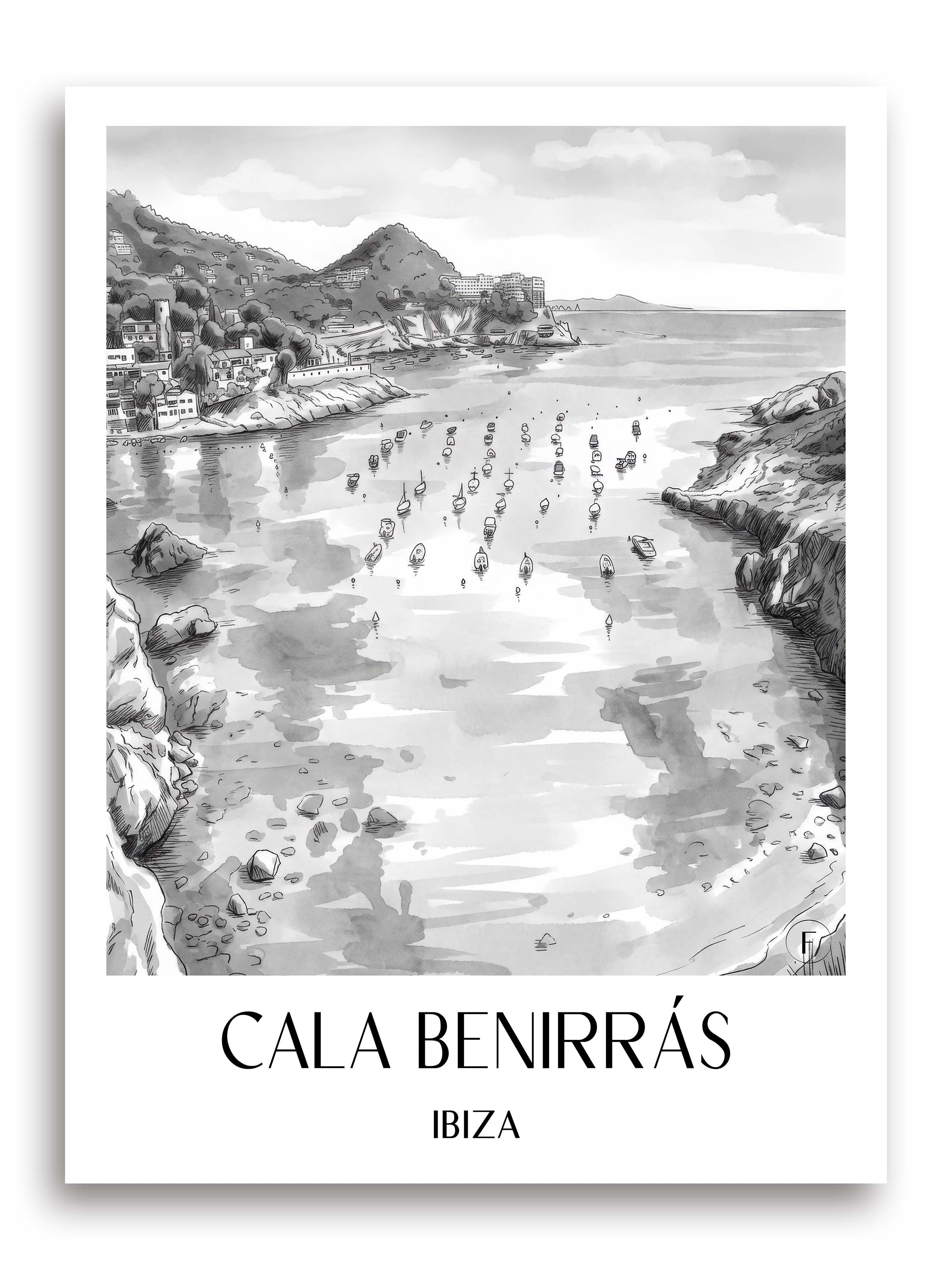 cala-benirrás-ibiza-spanien-poster-aquarell-schwarz-weiss