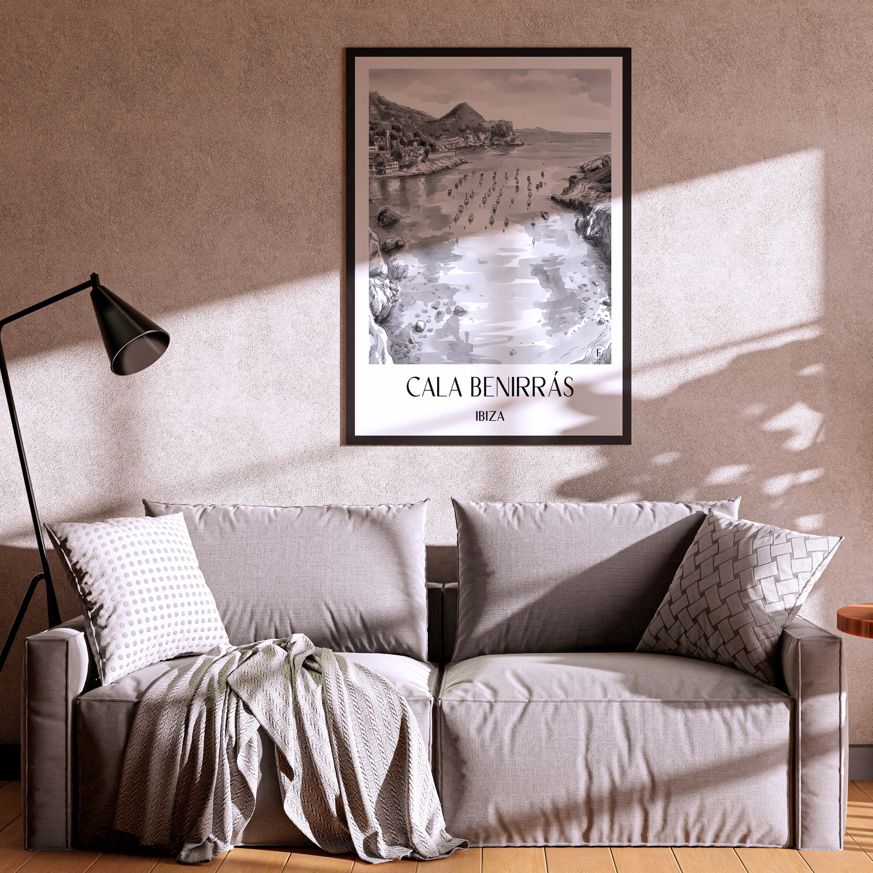 cala-benirrás-ibiza-spanien-poster-aquarell-schwarz-weiss