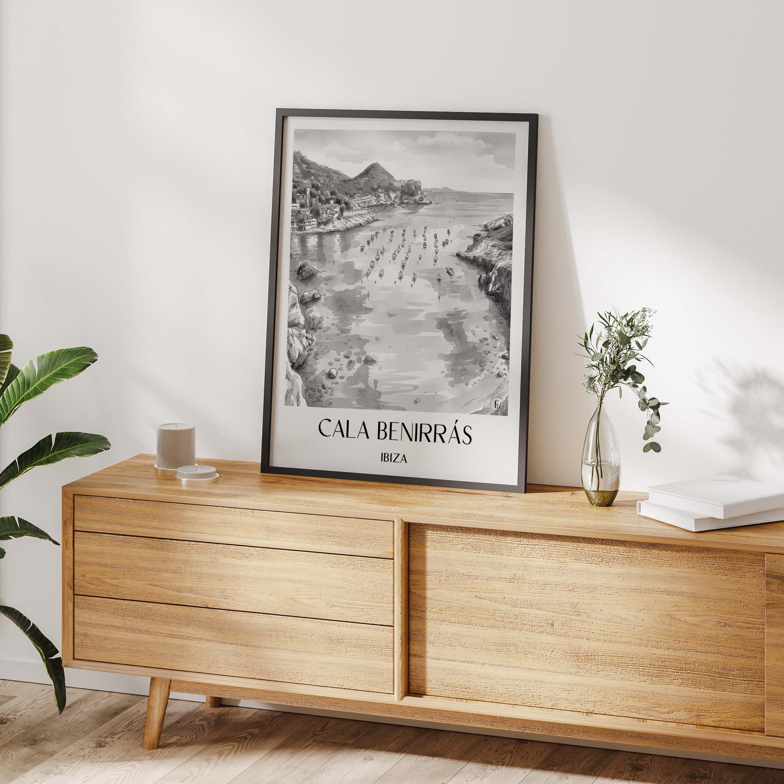 cala-benirrás-ibiza-spanien-poster-aquarell-schwarz-weiss