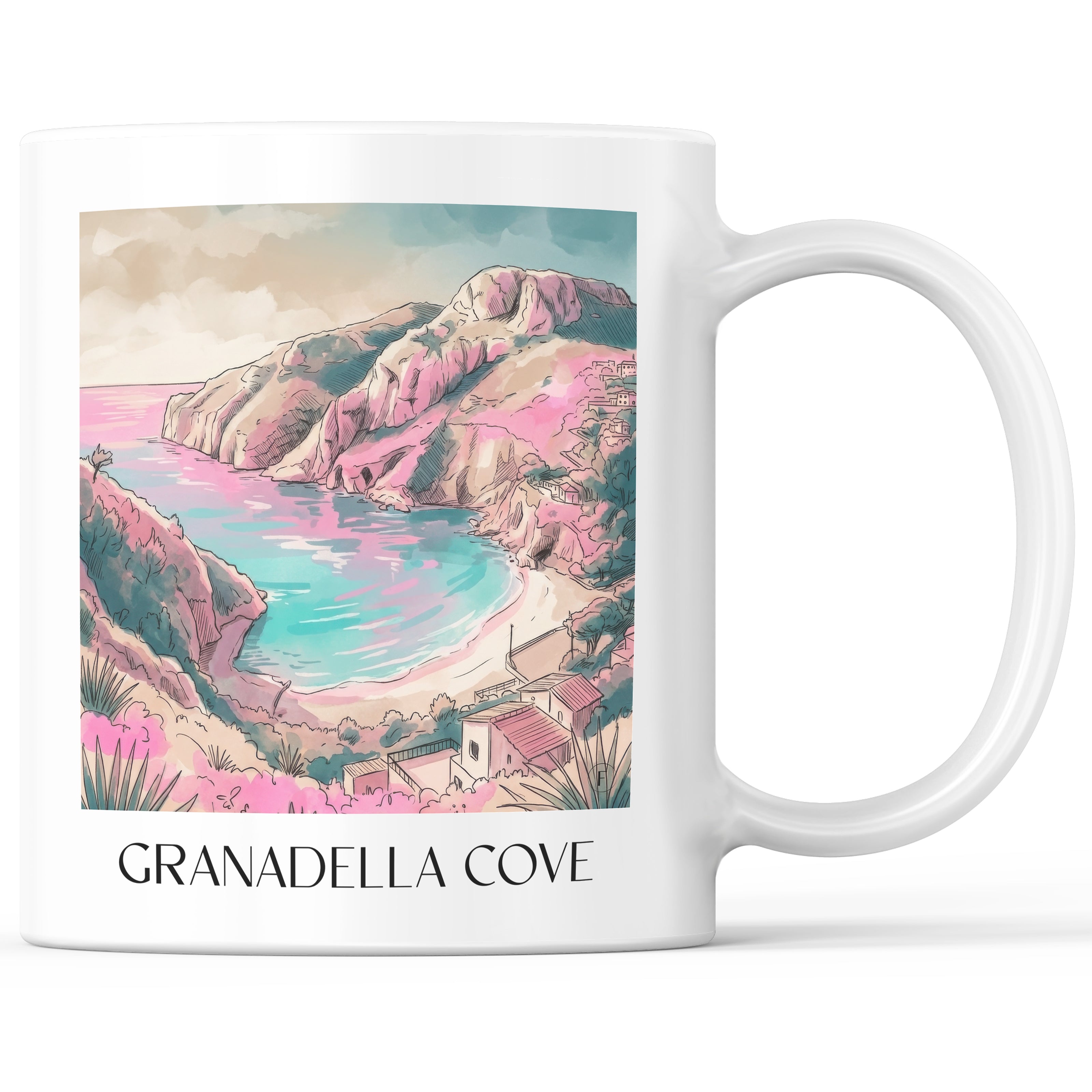 Cala Granadella Kaffeebecher - Javea - Spanien Becher - Kaffeetasse im Aquarell Pink Stil - favplace
