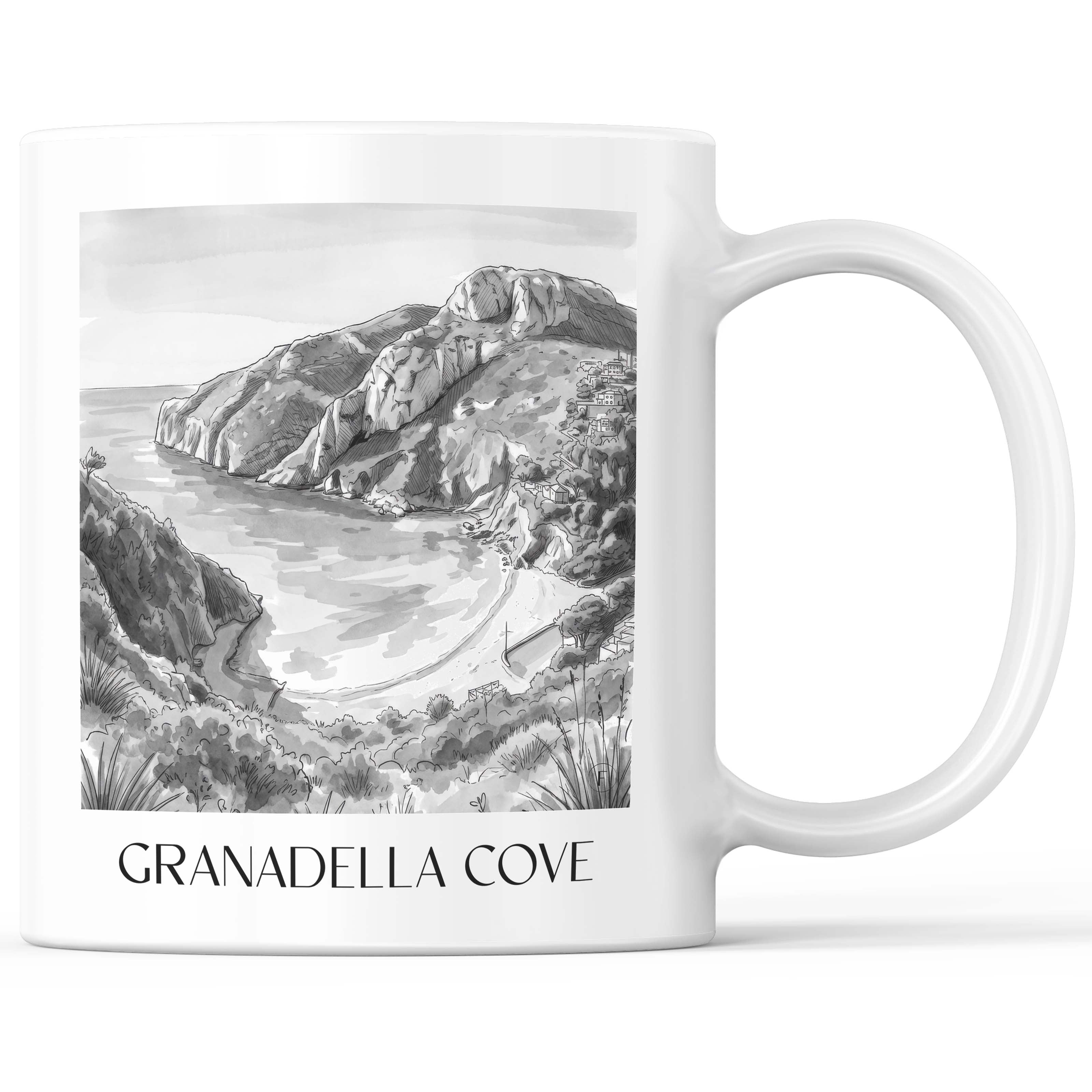 Cala Granadella Kaffeebecher - Javea - Spanien Becher - Kaffeetasse im Aquarell Schwarz-Weiß Stil - favplace