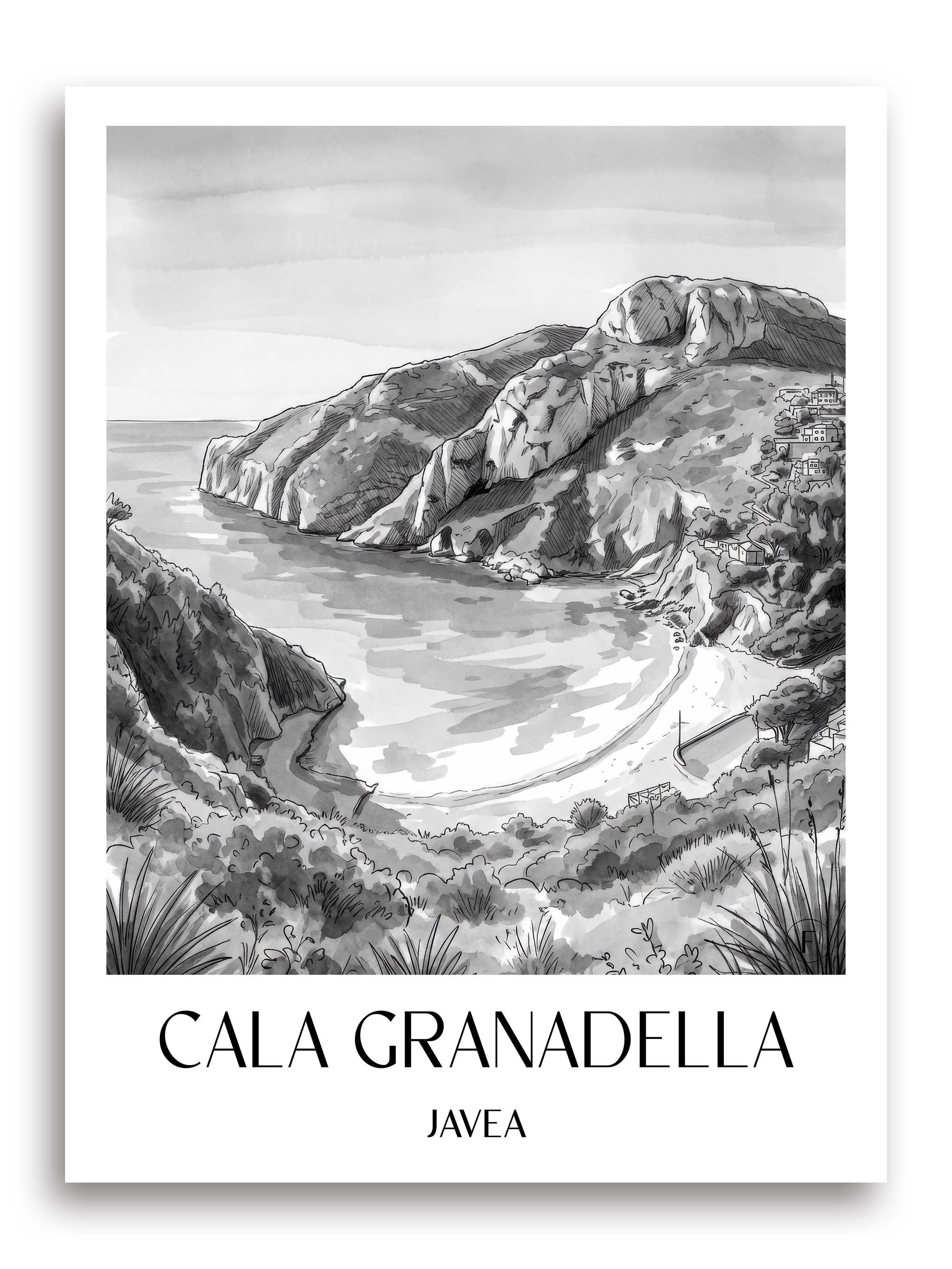 cala-granadella-javea-spanien-poster-aquarell-schwarz-weiss