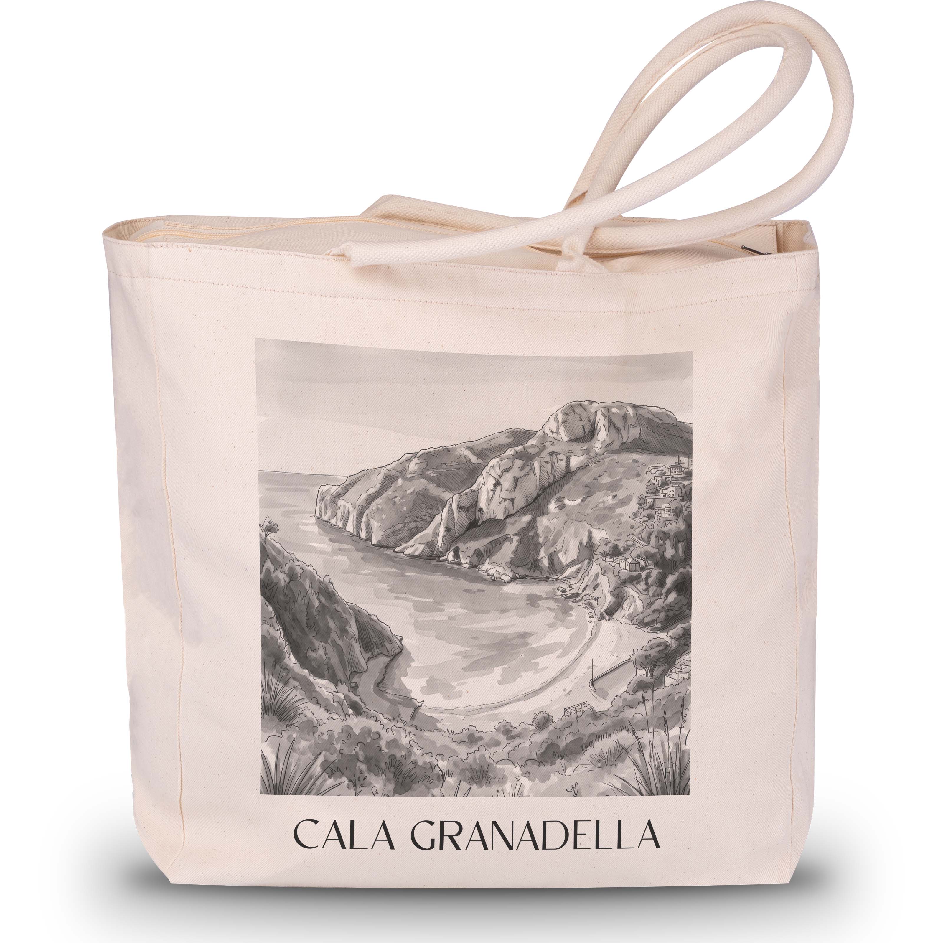 cala-granadella-javea-spanien-einkaufstasche-aquarell-schwarz-weiss