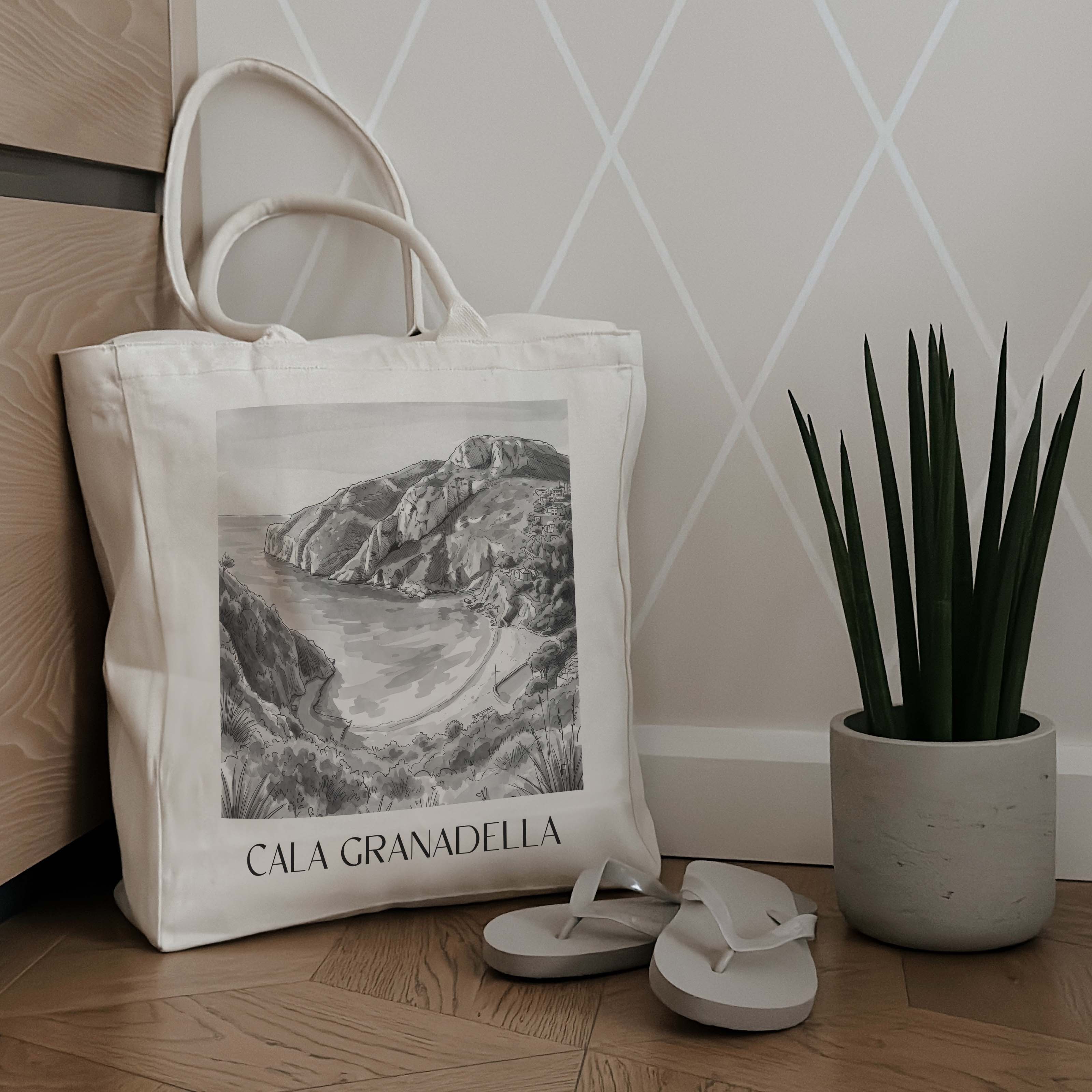 cala-granadella-javea-spanien-einkaufstasche-aquarell-schwarz-weiss