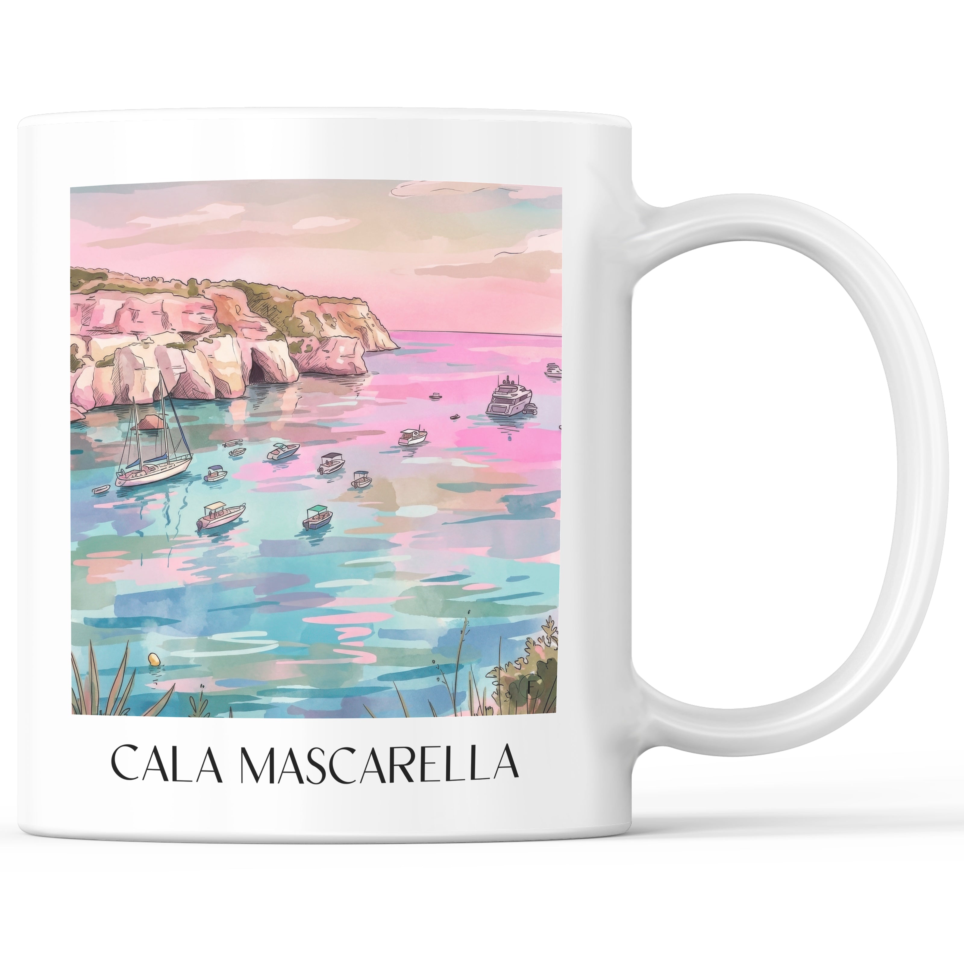 Cala Mascarella Kaffeebecher - Menorca - Spanien Becher - Kaffeetasse im Aquarell Pink Stil - favplace