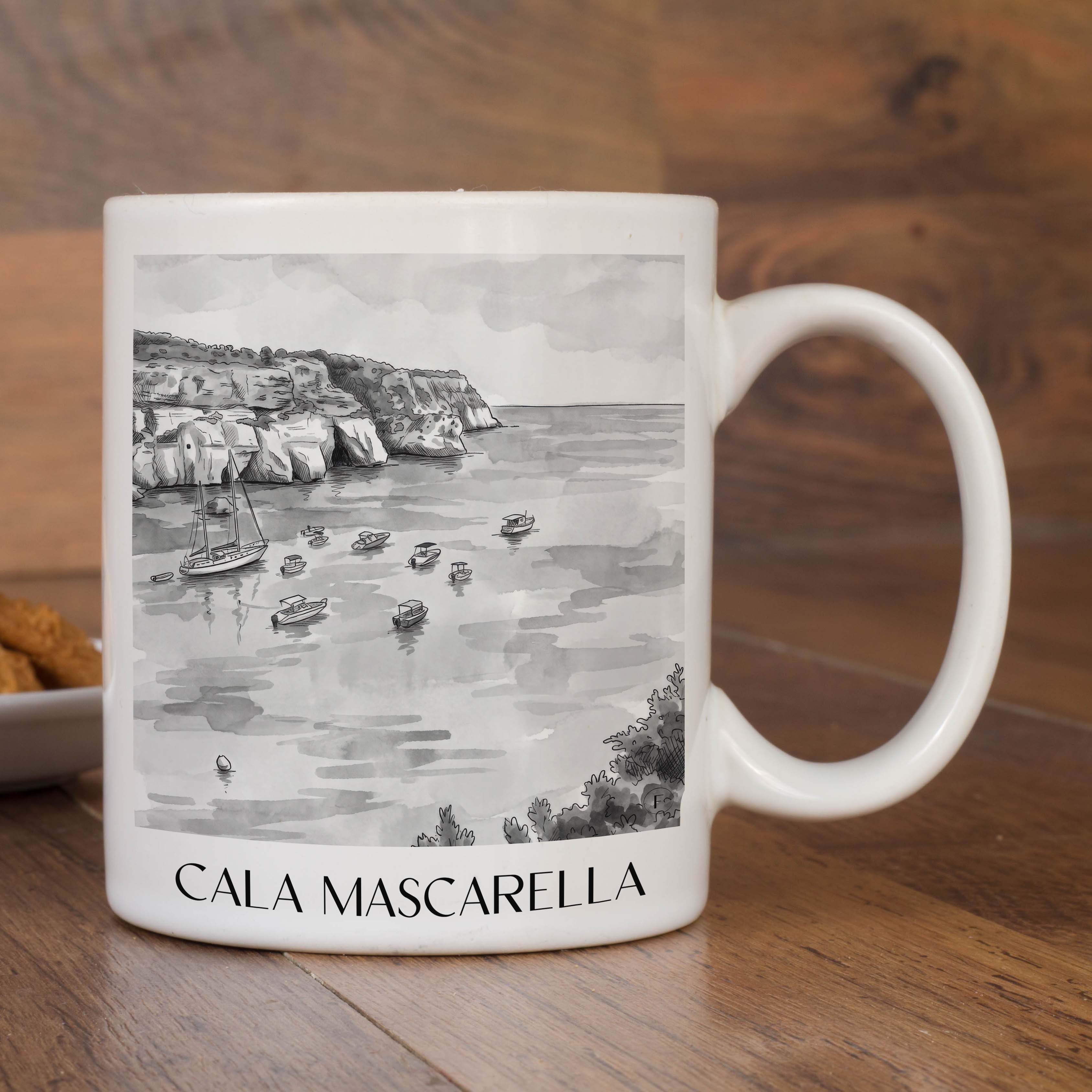 cala-mascarella-menorca-spanien-kaffeebecher-aquarell-schwarz-weiss