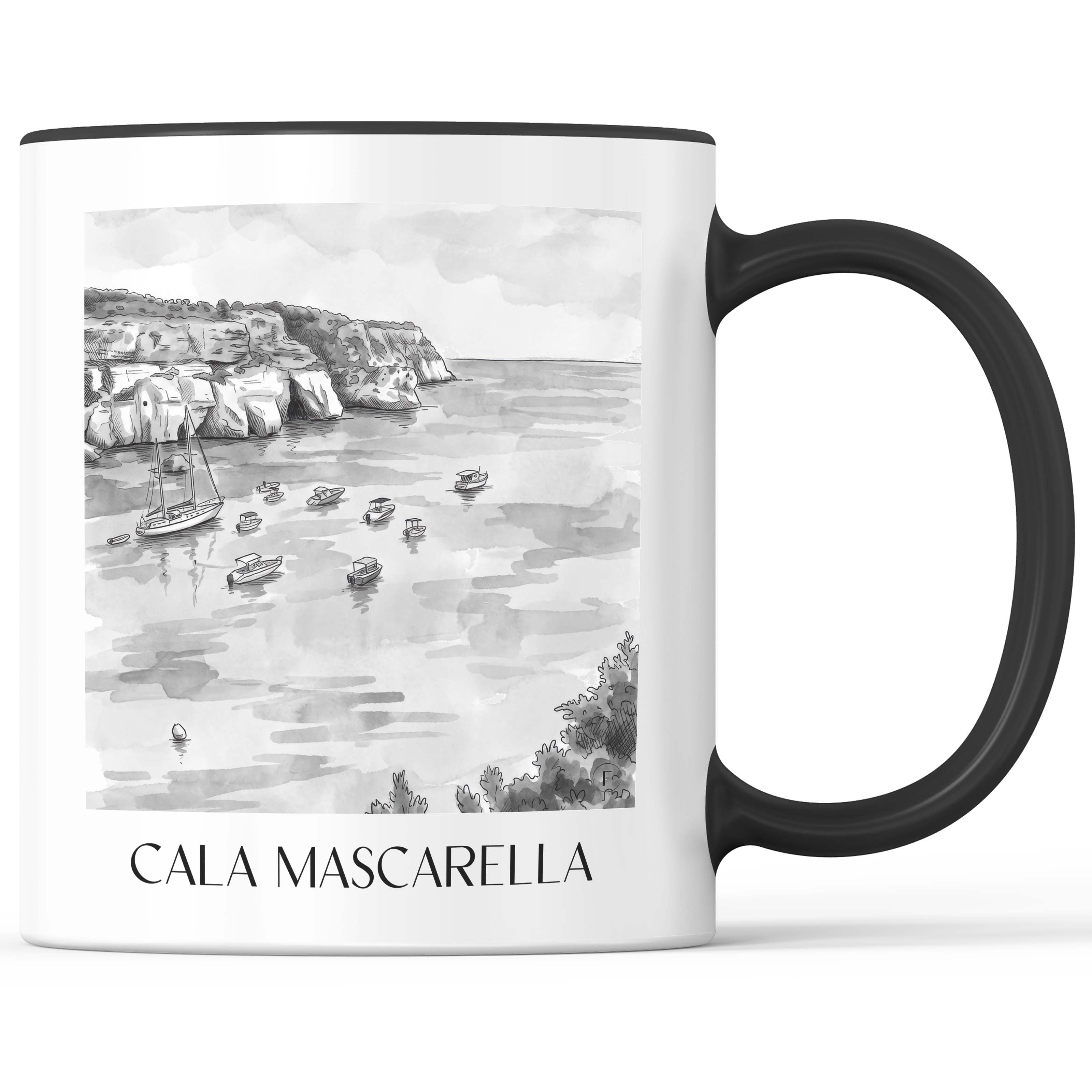Cala Mascarella Kaffeebecher - Menorca - Spanien Becher - Kaffeetasse im Aquarell Schwarz-Weiß Stil - favplace