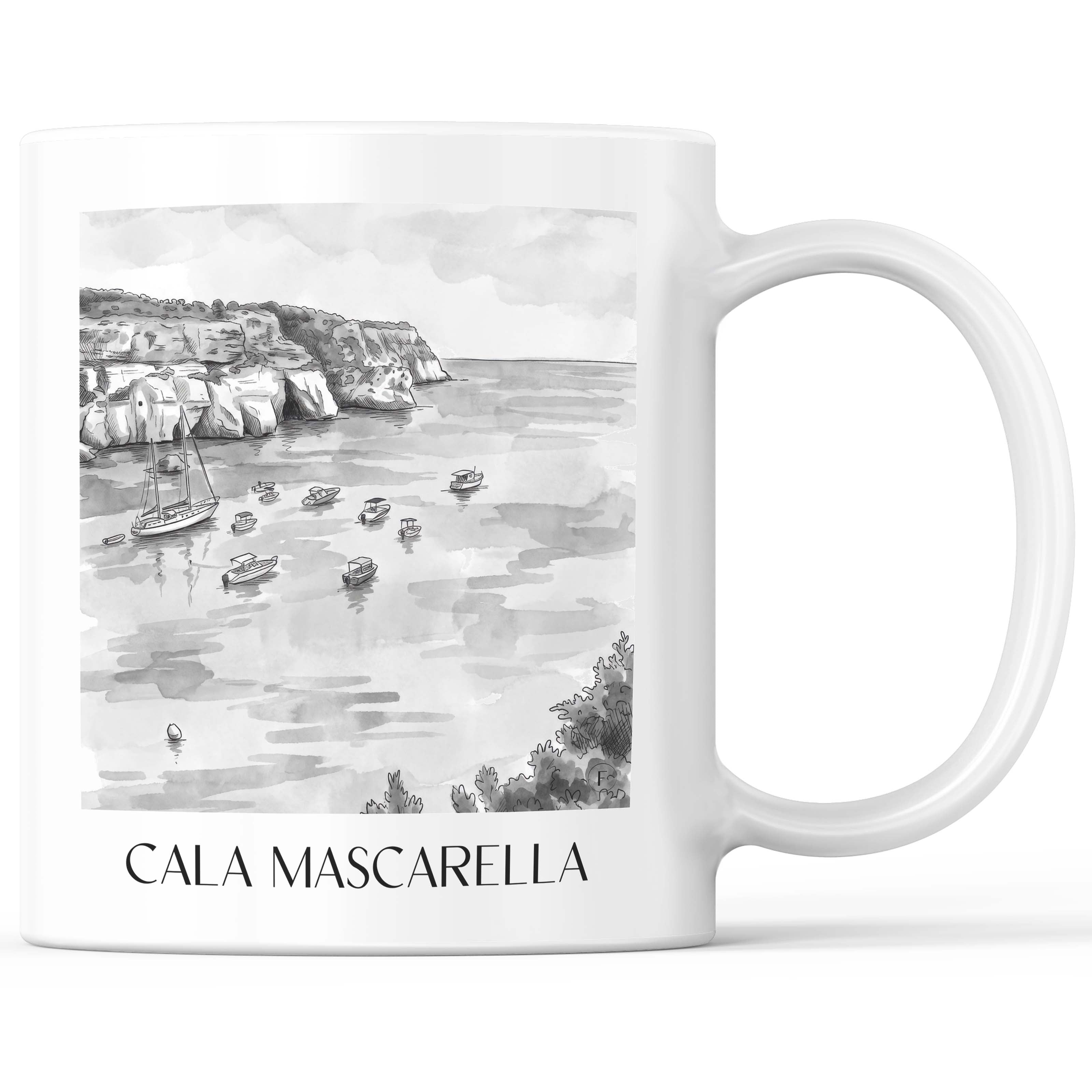 Cala Mascarella Kaffeebecher - Menorca - Spanien Becher - Kaffeetasse im Aquarell Schwarz-Weiß Stil - favplace