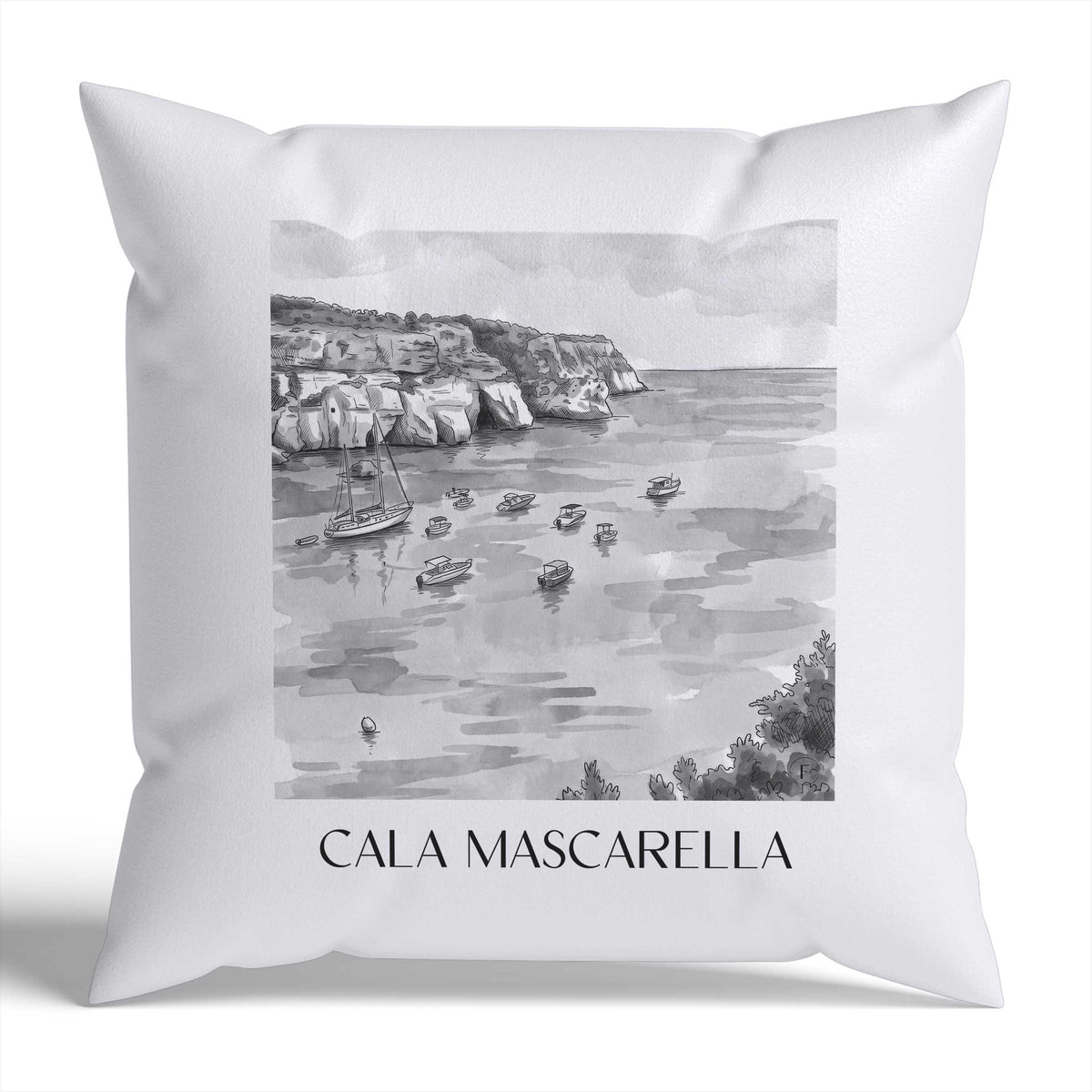 Cala Mascarella Kissenhülle - Zierkissen Bezug - Menorca - Spanien Kissen bzw. Kissenbezug im Aquarell Schwarz-Weiß Stil - favplace