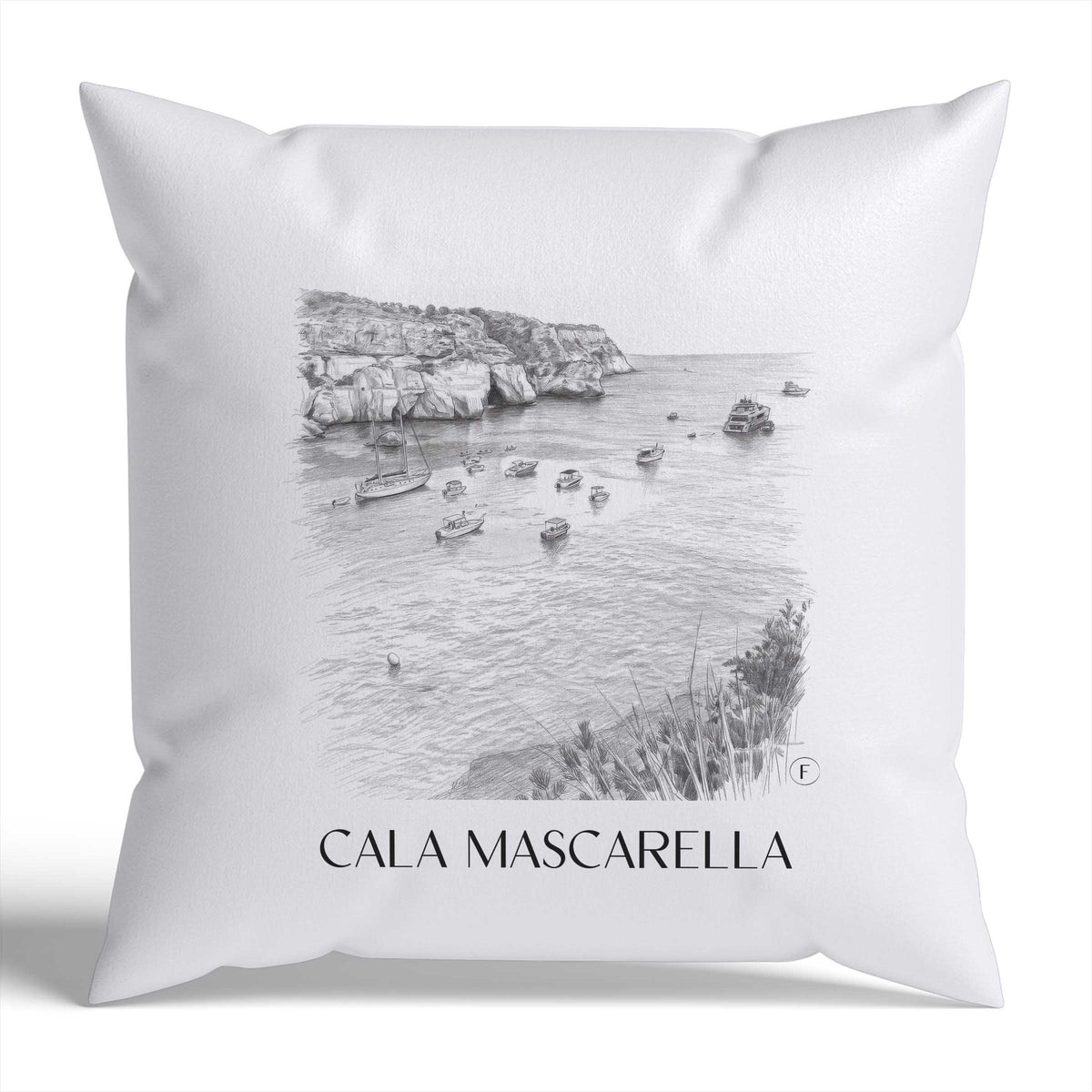 Cala Mascarella Kissenhülle - Zierkissen Bezug - Menorca - Spanien Kissen bzw. Kissenbezug im Zeichnung Stil - favplace