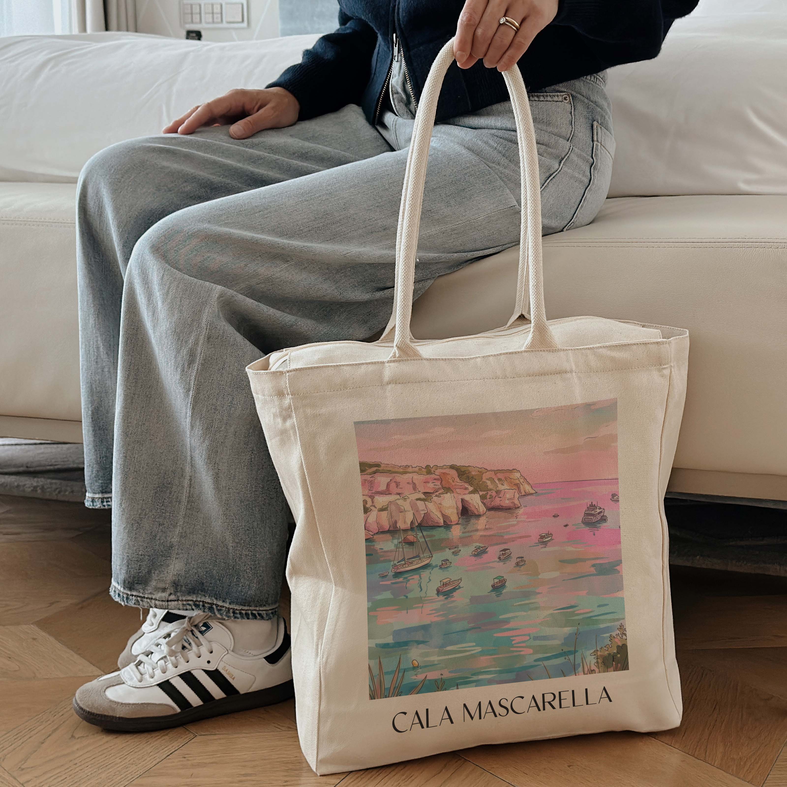 cala-mascarella-menorca-spanien-einkaufstasche-aquarell-pink-rosa