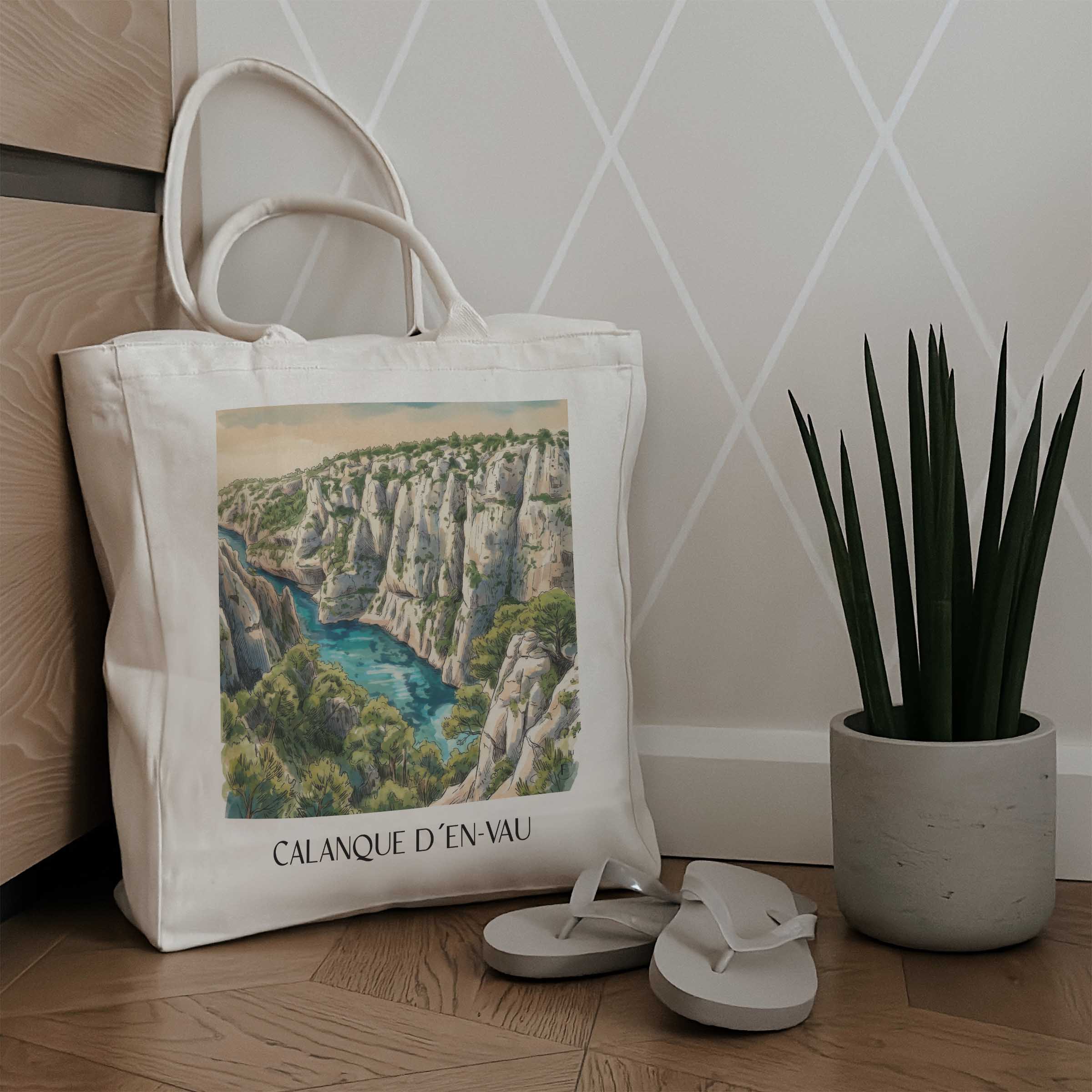 calanque-d´en-vau-côte-d´azur-frankreich-einkaufstasche-aquarell