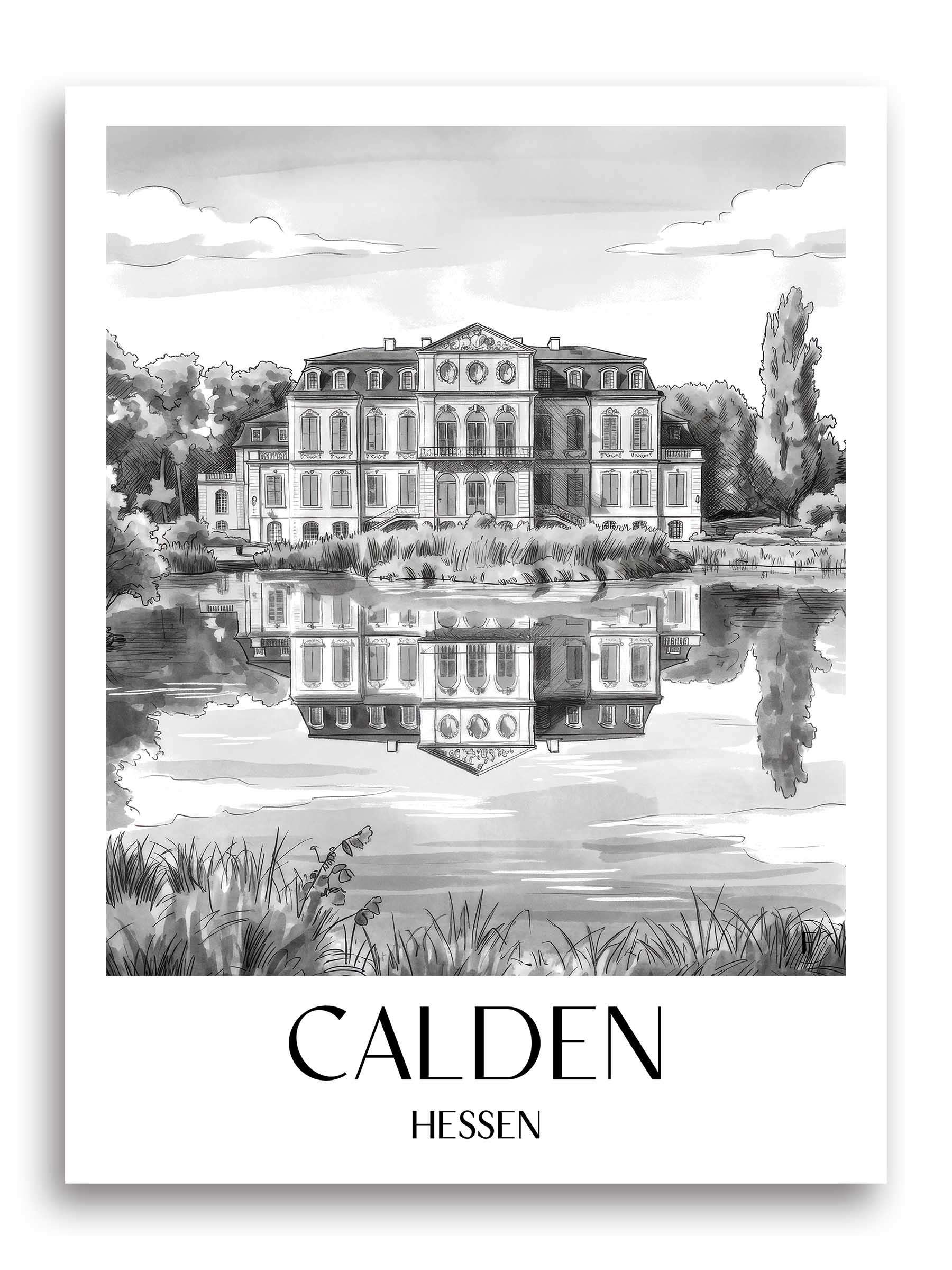 calden-hessen-deutschland-poster-aquarell-schwarz-weiss