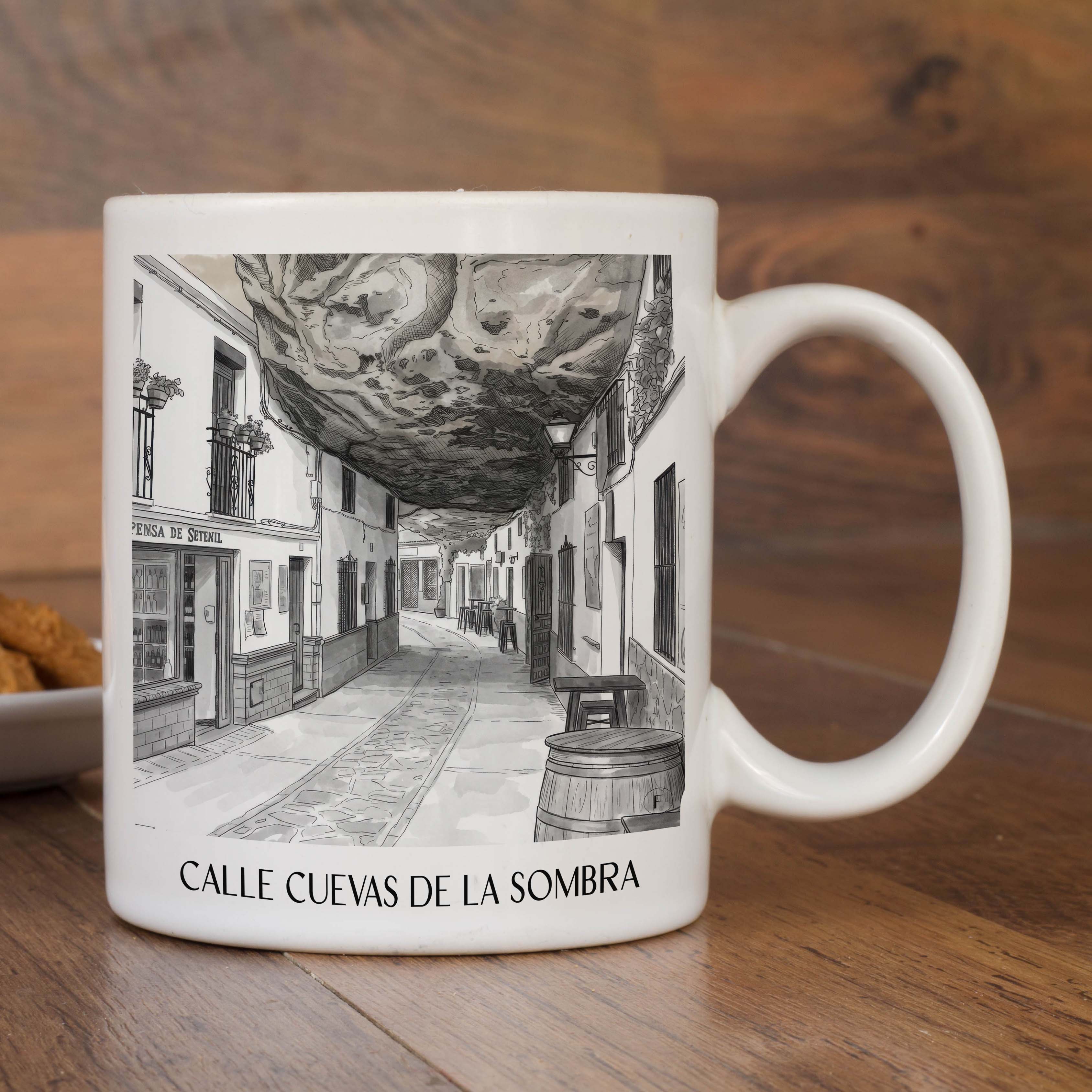 calle-cuevas-de-la-sombra-setenil-de-las-bodegas-spanien-kaffeebecher-aquarell-schwarz-weiss