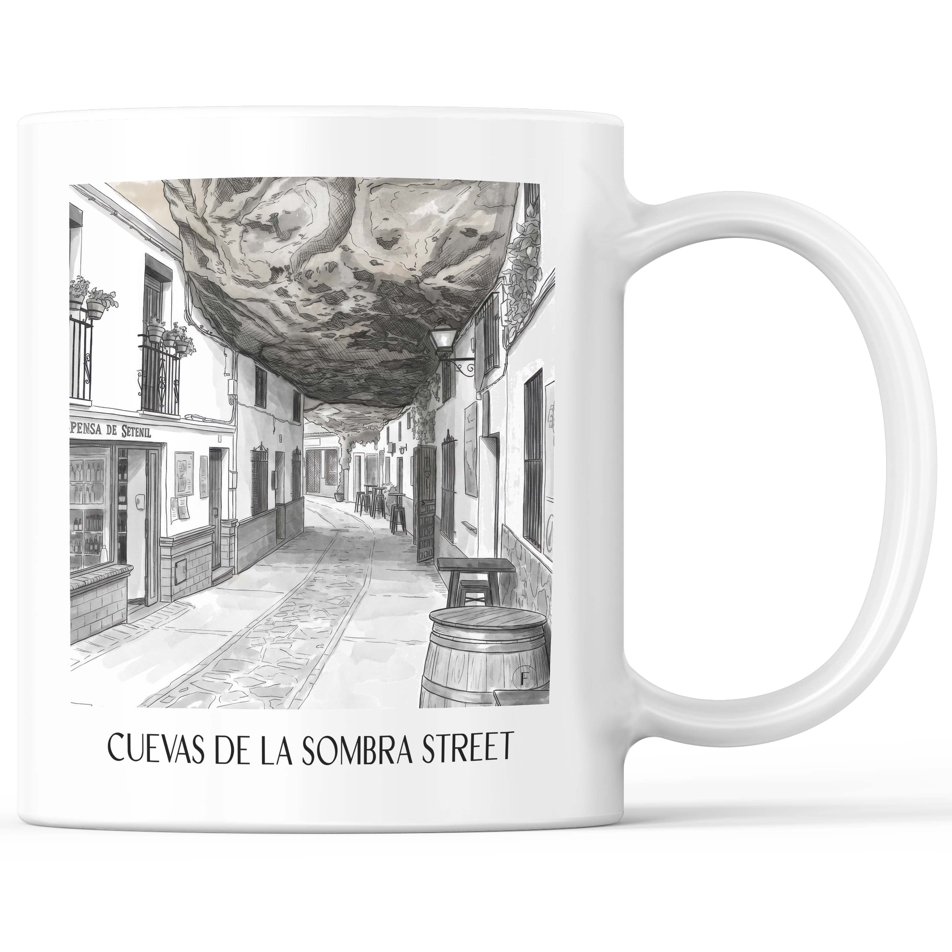Calle Cuevas de la Sombra Kaffeebecher - Setenil de las Bodegas - Spanien Becher - Kaffeetasse im Aquarell Schwarz-Weiß Stil - favplace