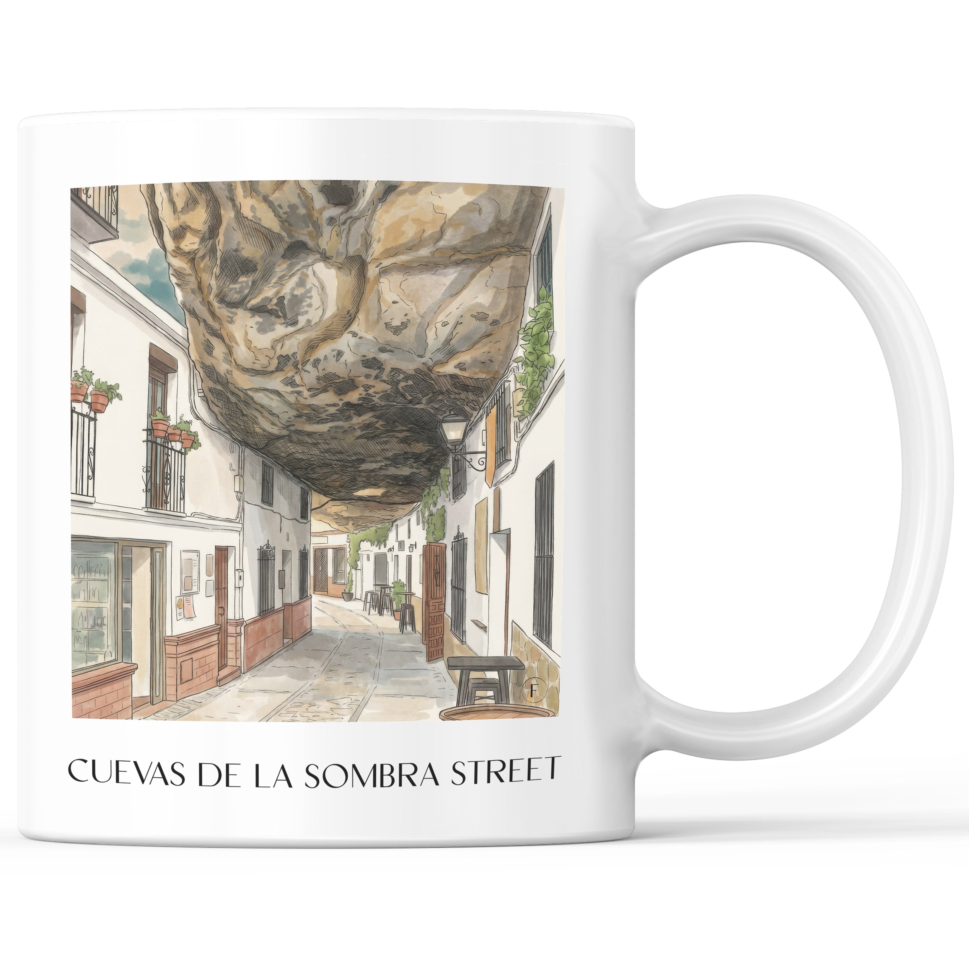 Calle Cuevas de la Sombra Kaffeebecher - Setenil de las Bodegas - Spanien Becher - Kaffeetasse im Aquarell Stil - favplace