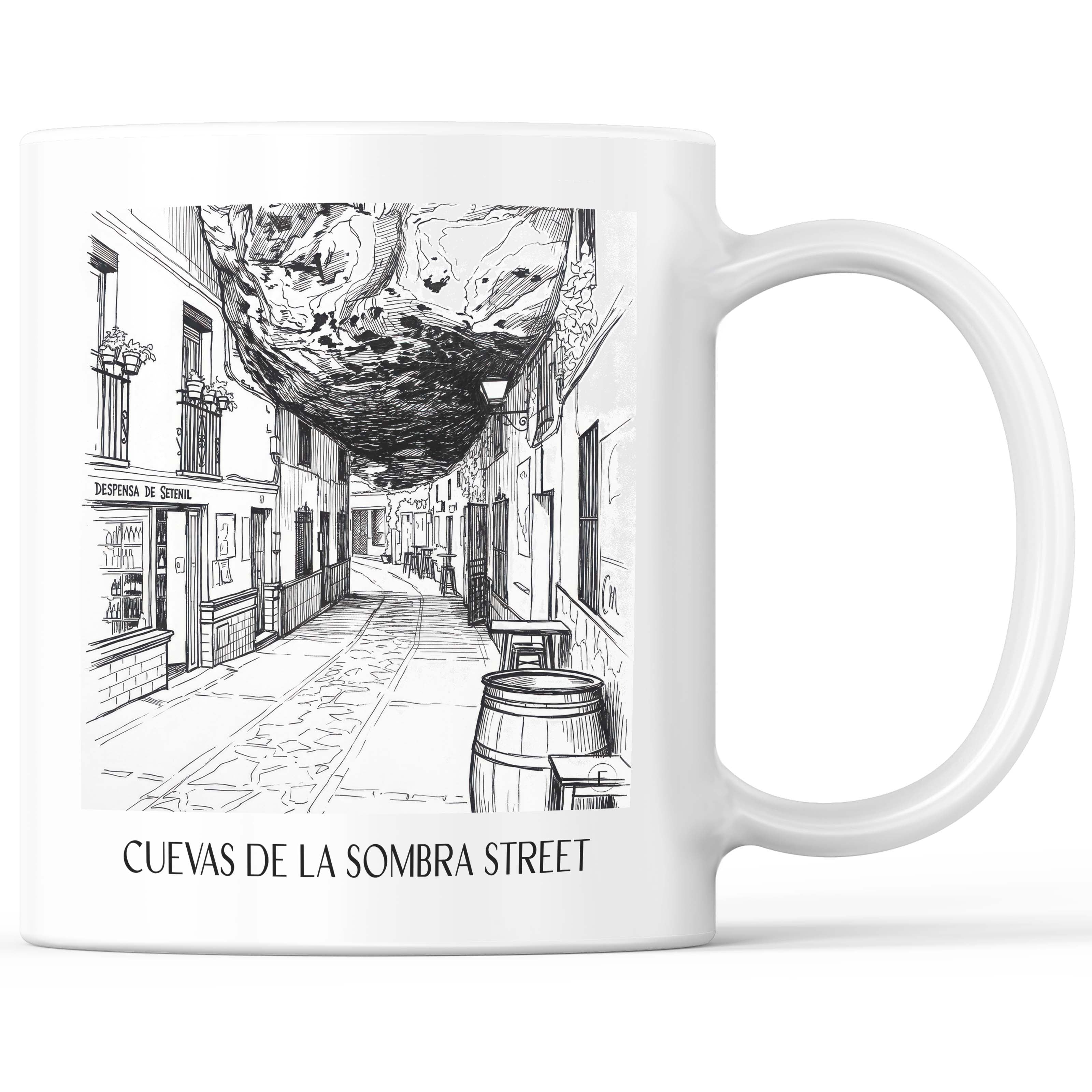 Calle Cuevas de la Sombra Kaffeebecher - Setenil de las Bodegas - Spanien Becher - Kaffeetasse im Skizze Stil - favplace