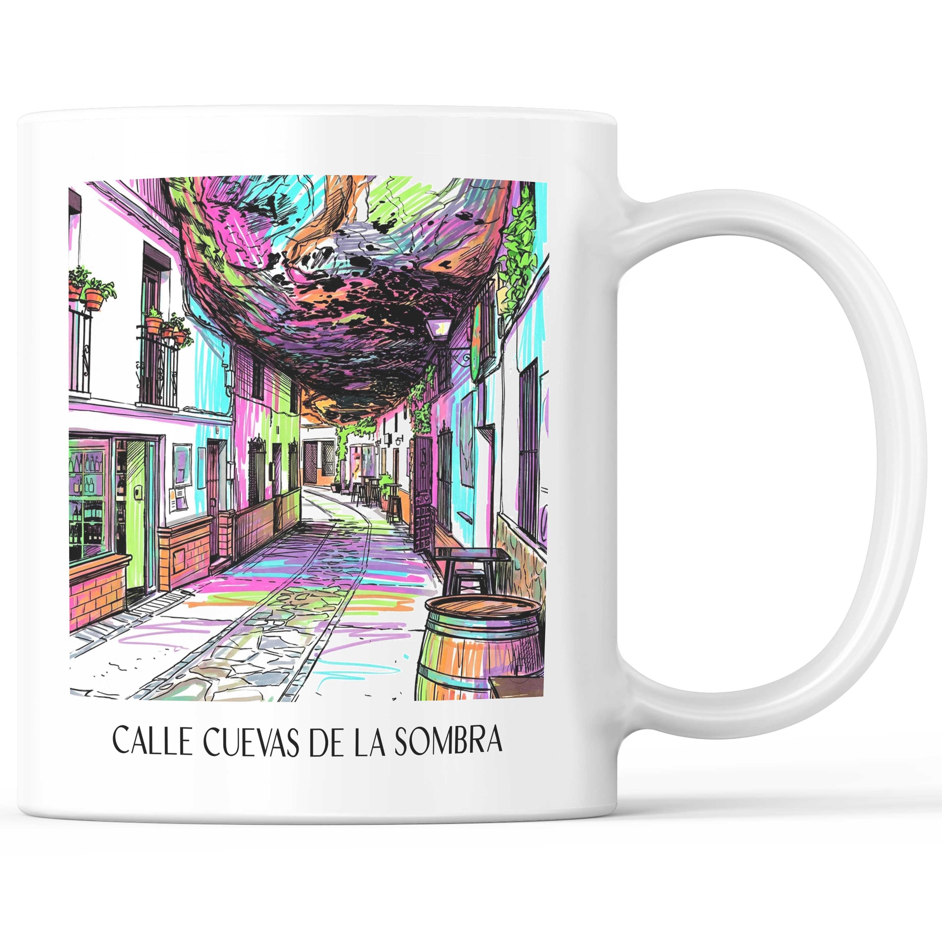 Calle Cuevas de la Sombra Kaffeebecher - Setenil de las Bodegas - Spanien Becher - Kaffeetasse im Tag Graffiti Stil - favplace
