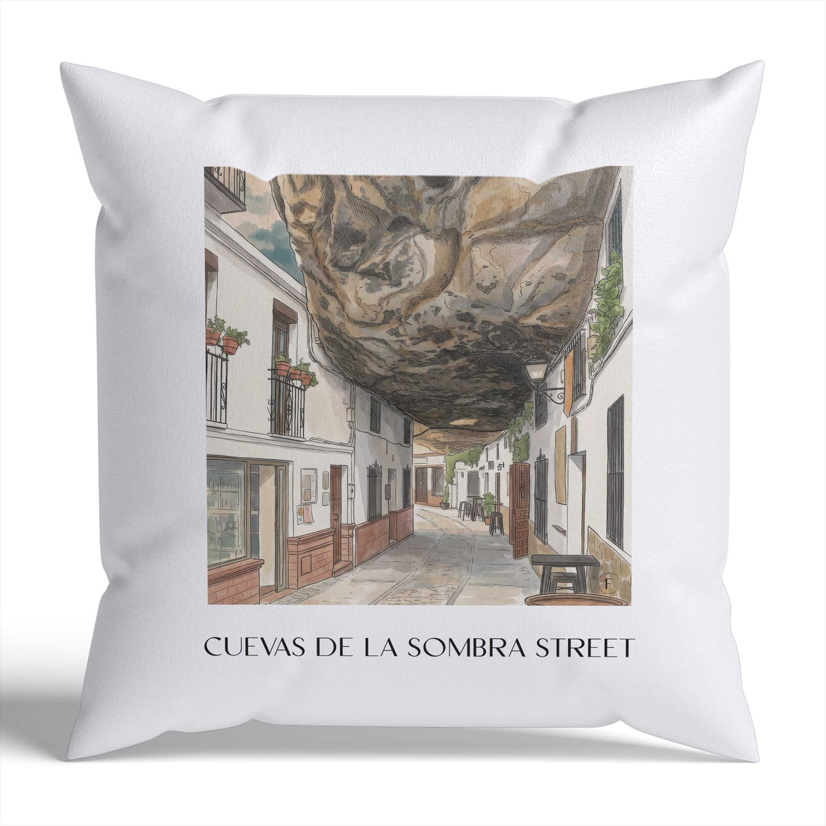 Calle Cuevas de la Sombra Kissenhülle - Zierkissen Bezug - Setenil de las Bodegas - Spanien Kissen bzw. Kissenbezug im Aquarell Stil - favplace