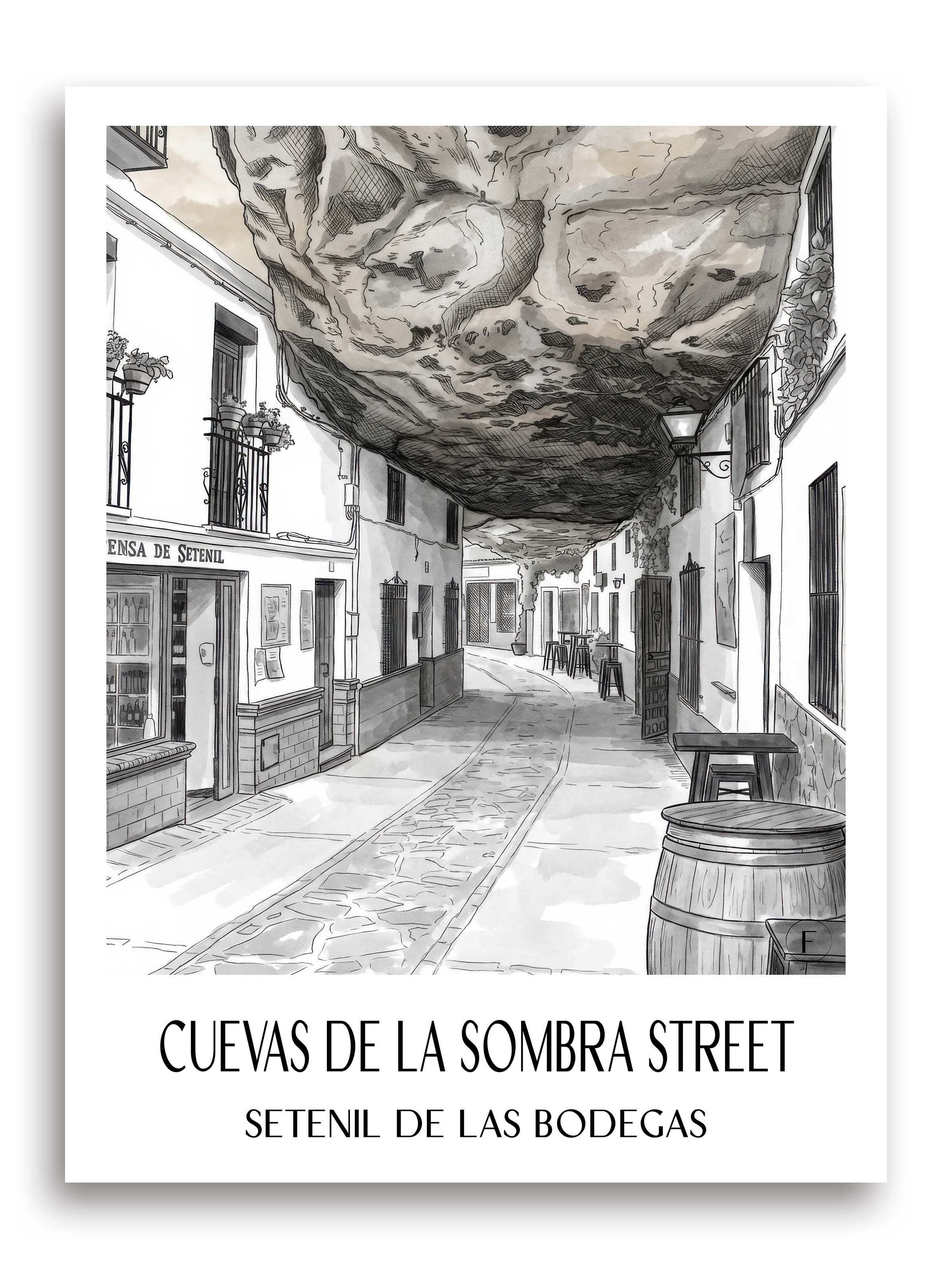 Calle Cuevas de la Sombra Poster - Setenil de las Bodegas - Spanien Kunstdruck - Aquarell Schwarz-Weiß von A4 bis A1 - favplace