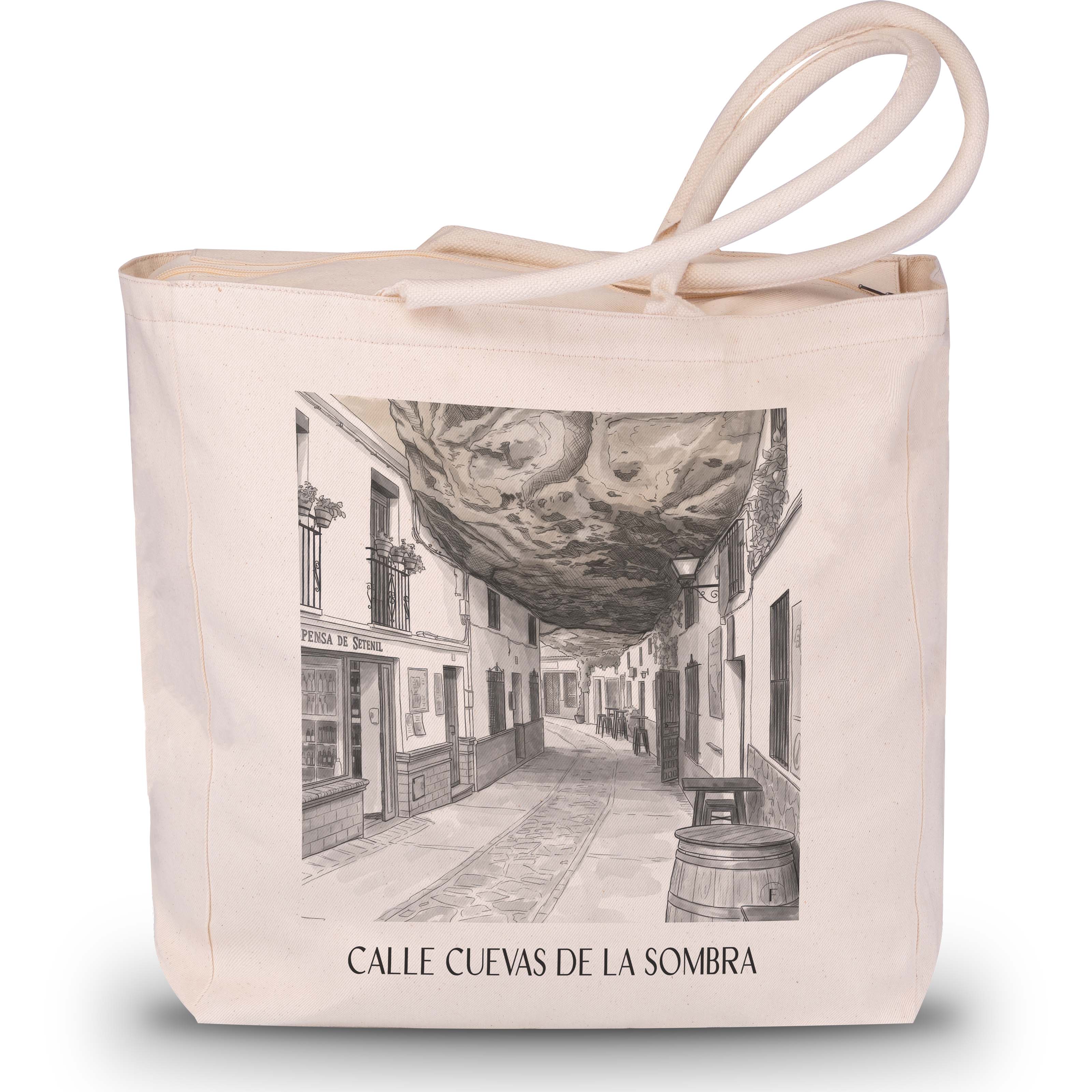 calle-cuevas-de-la-sombra-setenil-de-las-bodegas-spanien-einkaufstasche-aquarell-schwarz-weiss