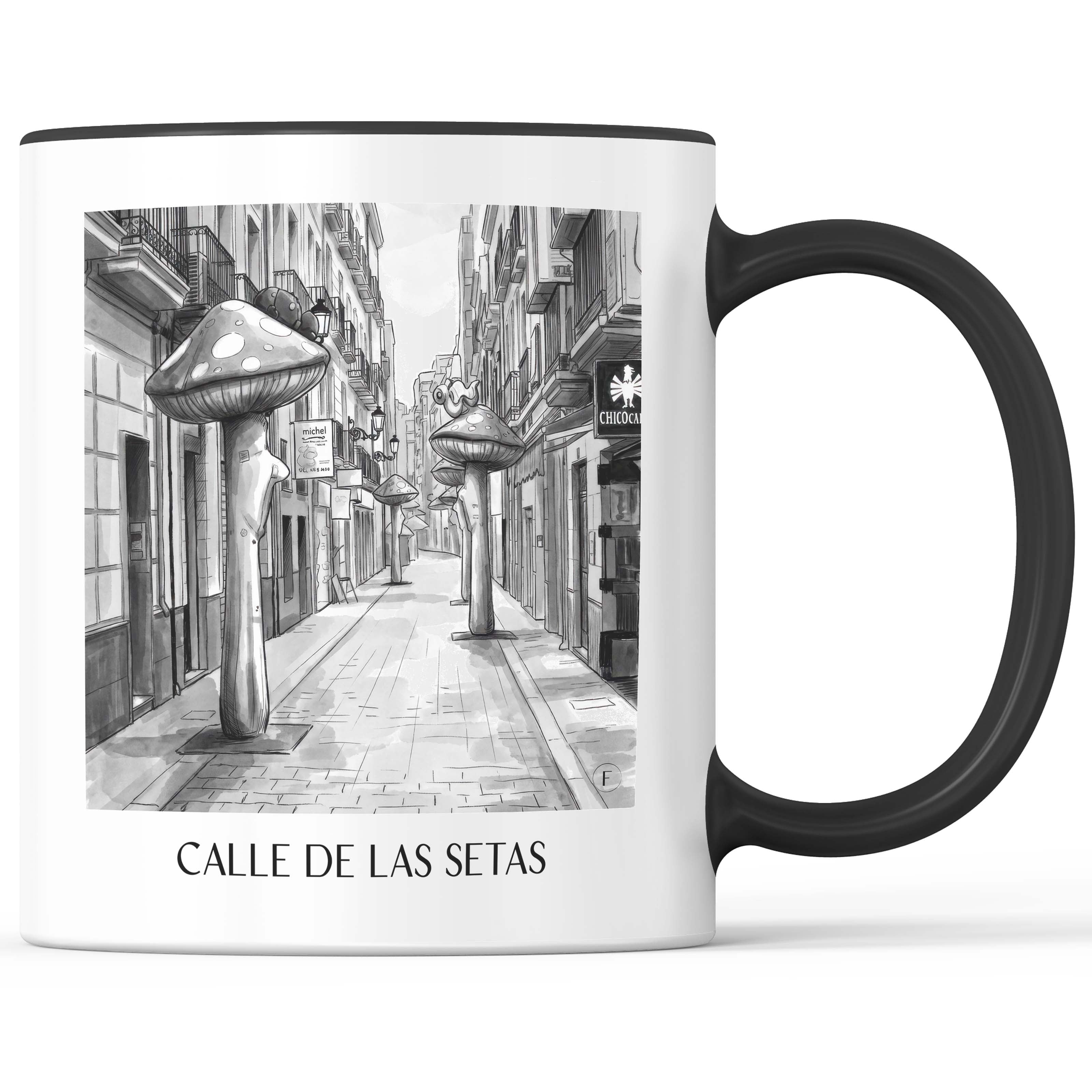 calle-de-las-setas-alicante-spanien-kaffeebecher-aquarell-schwarz-weiss