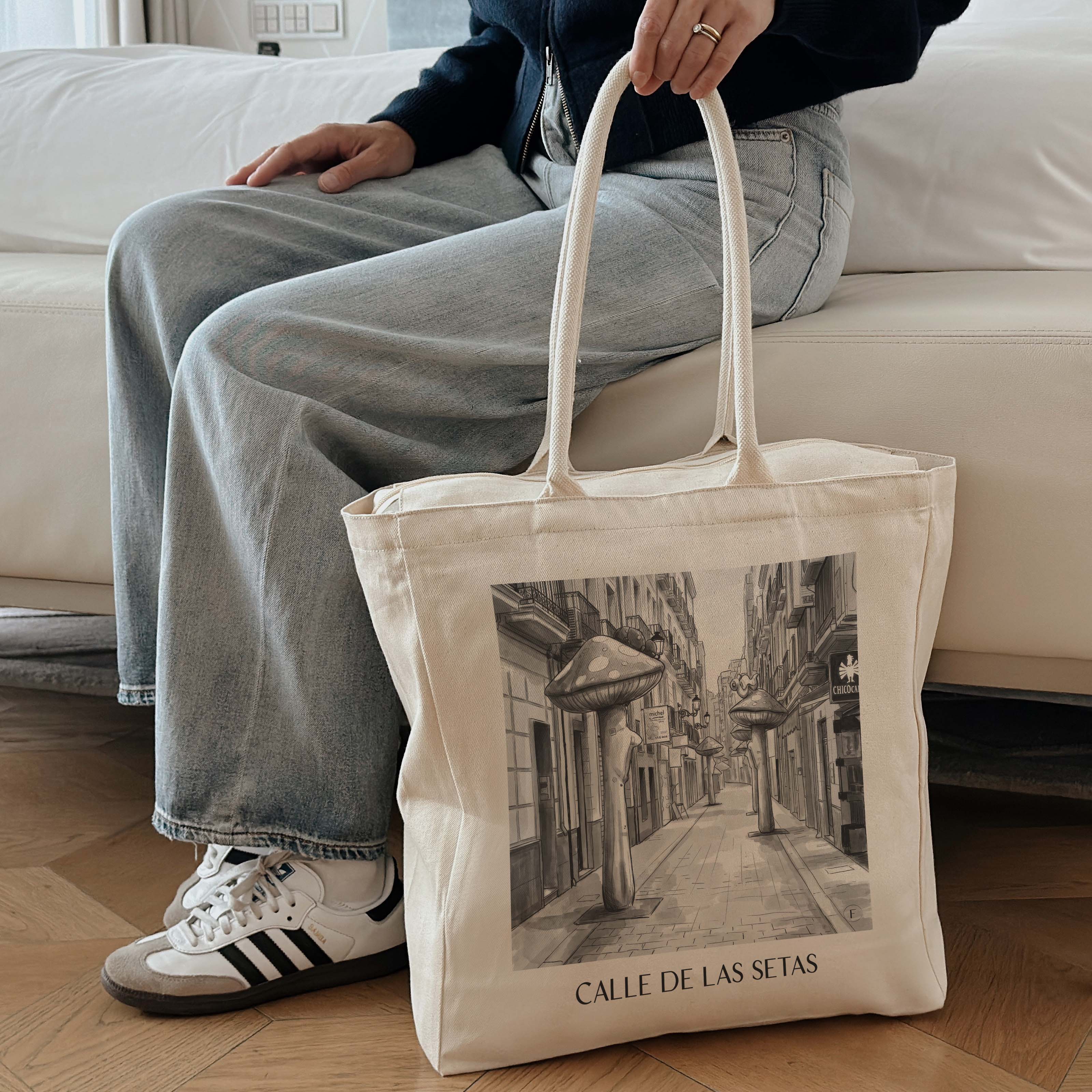 calle-de-las-setas-alicante-spanien-einkaufstasche-aquarell-schwarz-weiss