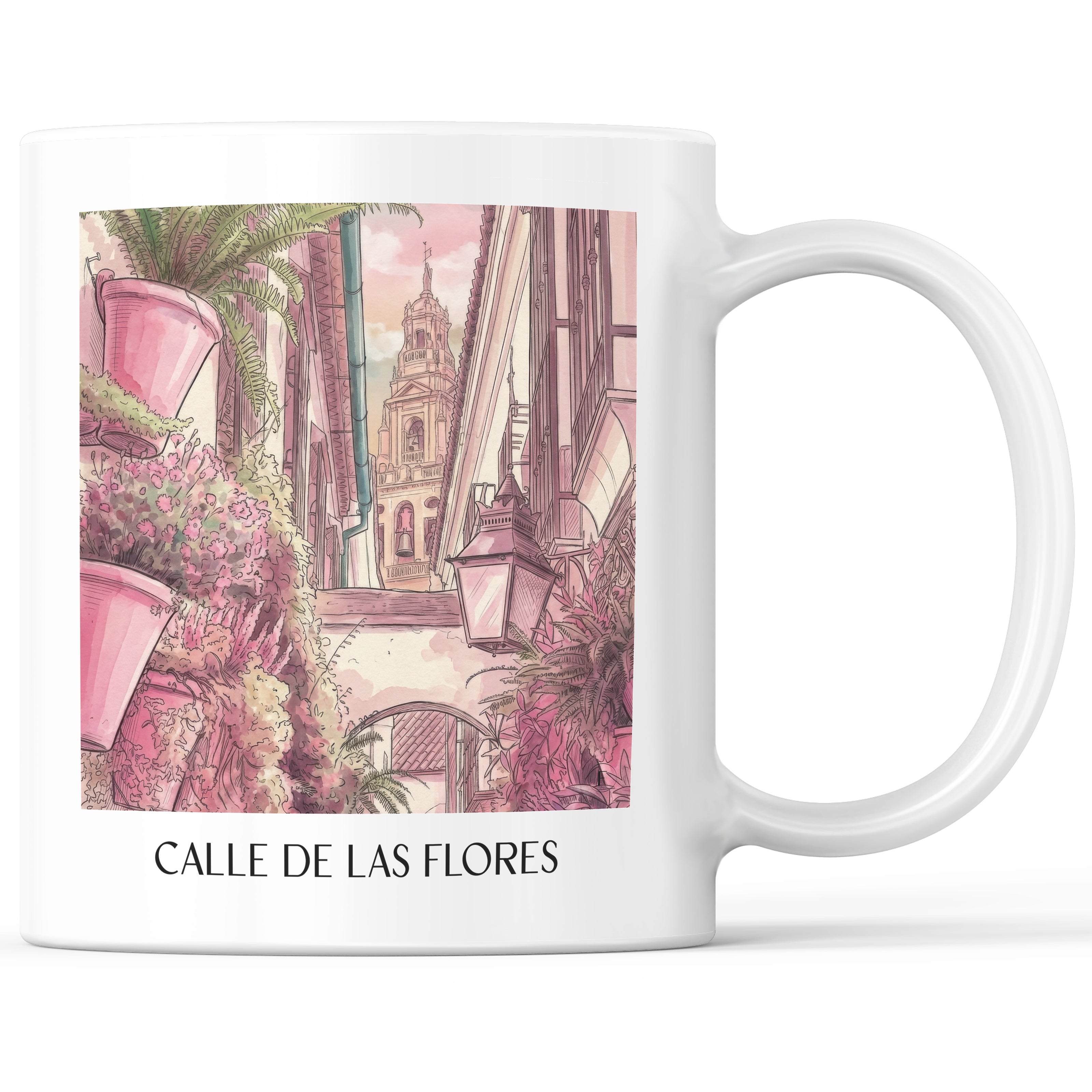 Calle de las flores Kaffeebecher - Córdoba - Spanien Becher - Kaffeetasse im Aquarell Pink Stil - favplace