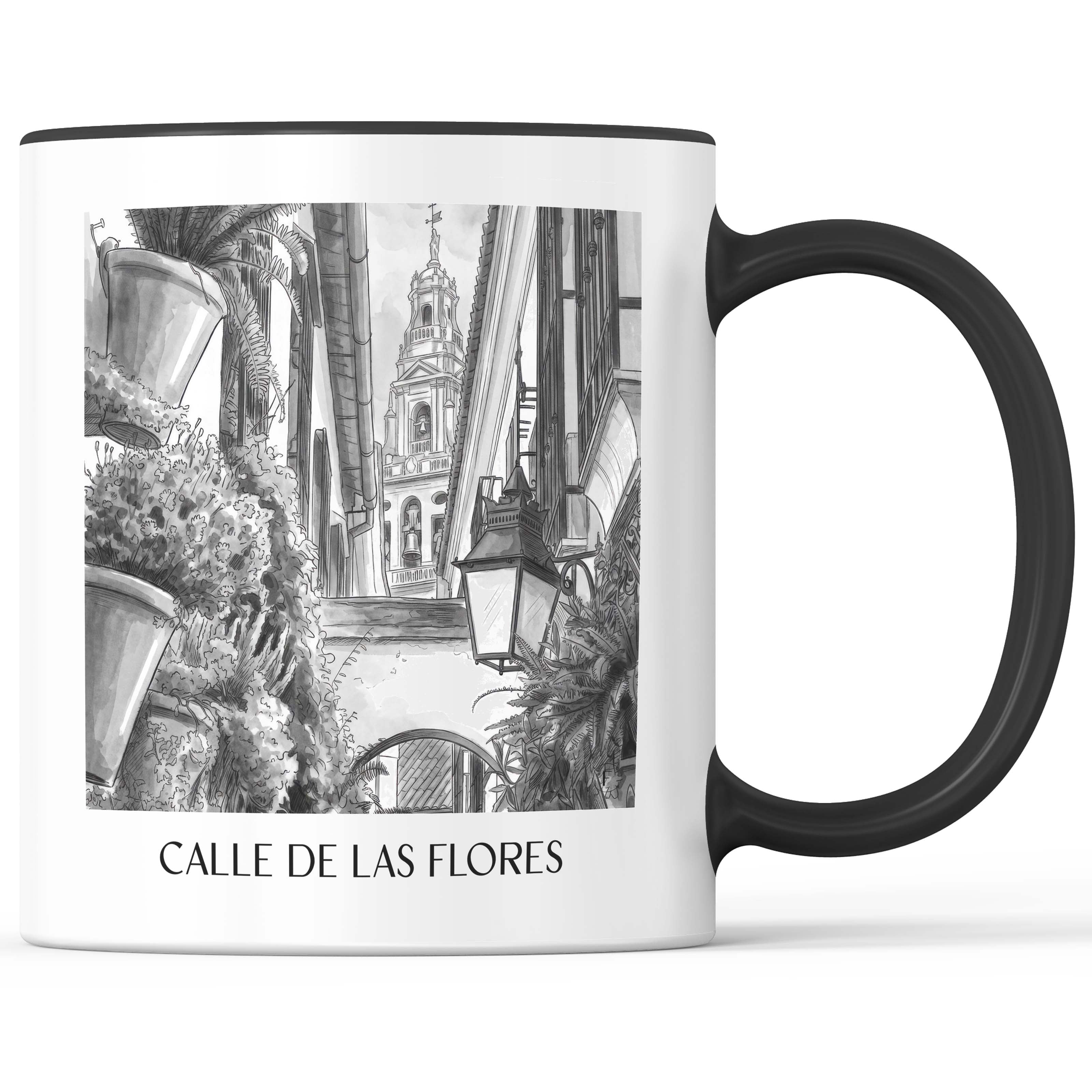 calle-de-las-flores-córdoba-spanien-kaffeebecher-aquarell-schwarz-weiss