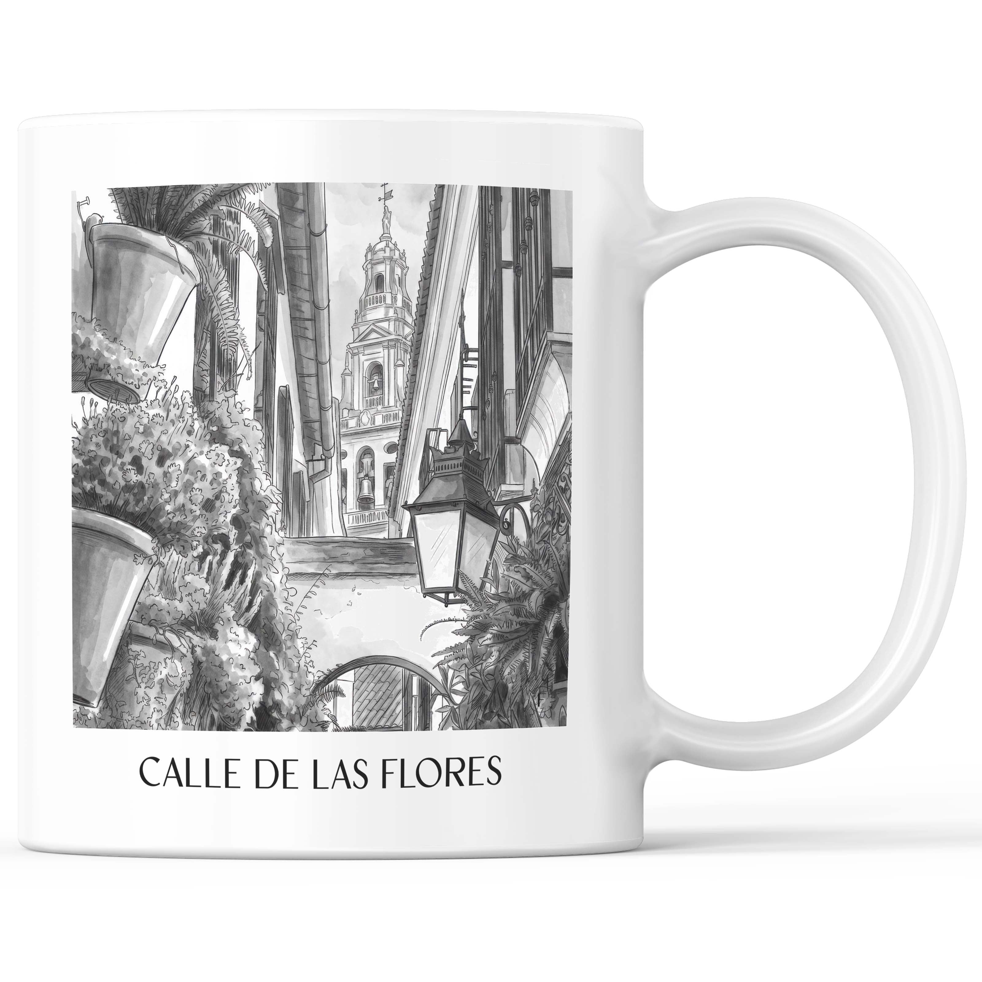 Calle de las flores Kaffeebecher - Córdoba - Spanien Becher - Kaffeetasse im Aquarell Schwarz-Weiß Stil - favplace